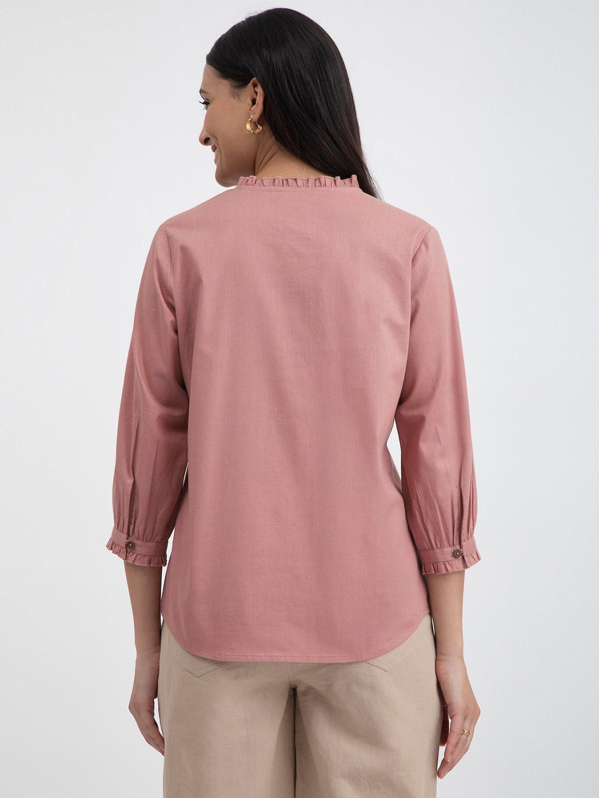 Solid Linen Blend Collared Top - Pink