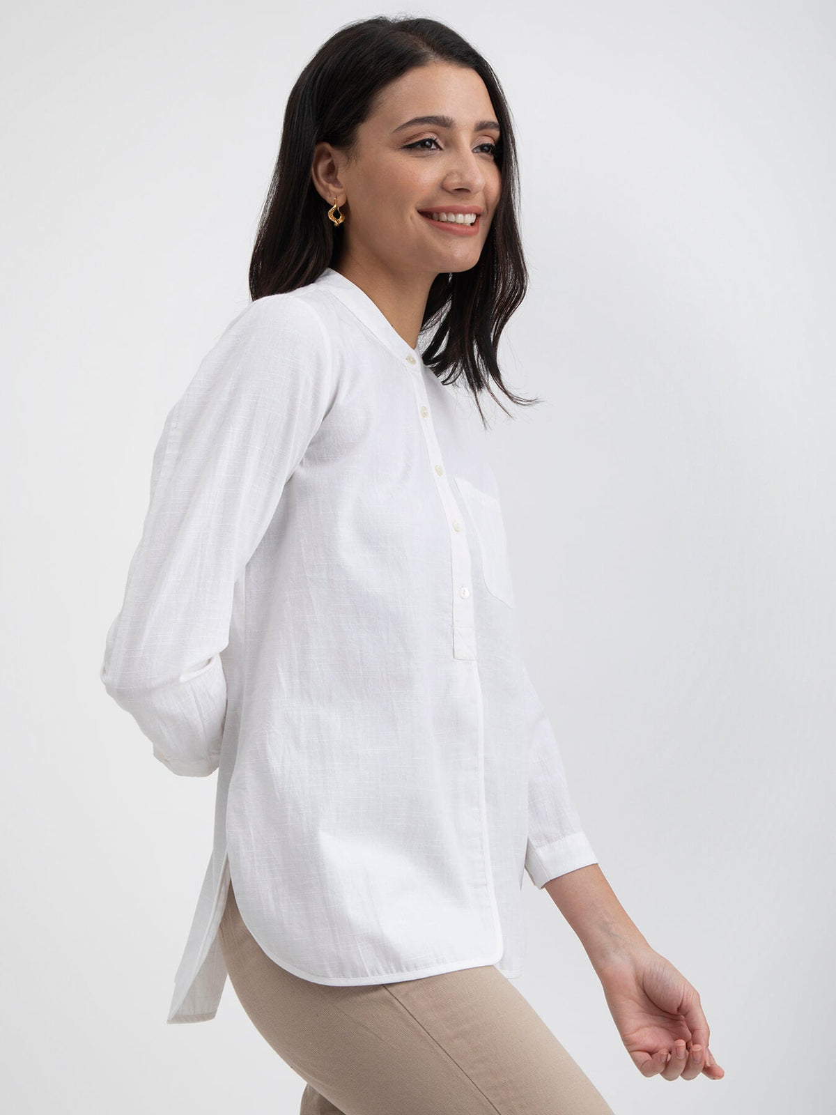 Linen Blend Mandarin Collar Top - White