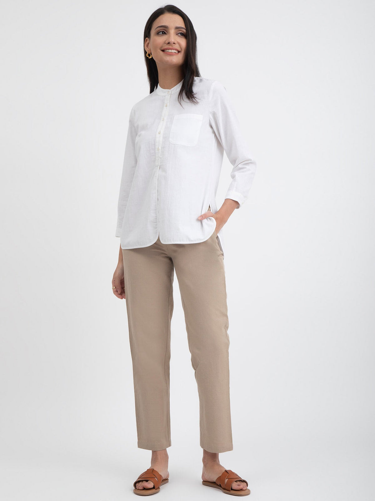 Linen Blend Mandarin Collar Top - White