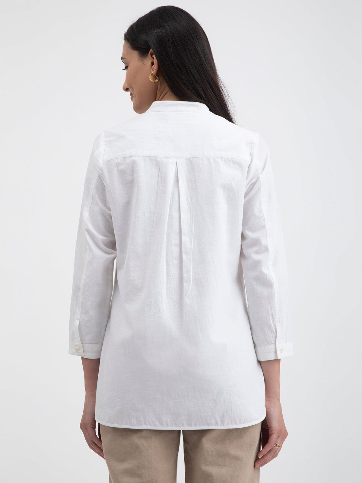 Linen Blend Mandarin Collar Top - White