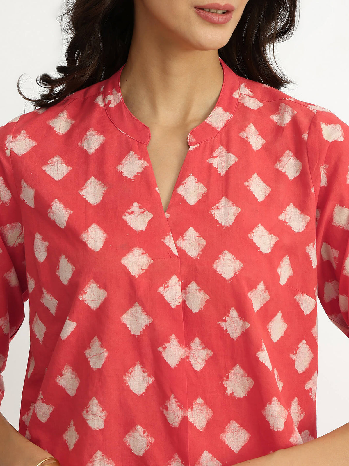Cotton Dabu Geometric Print Top - Peach