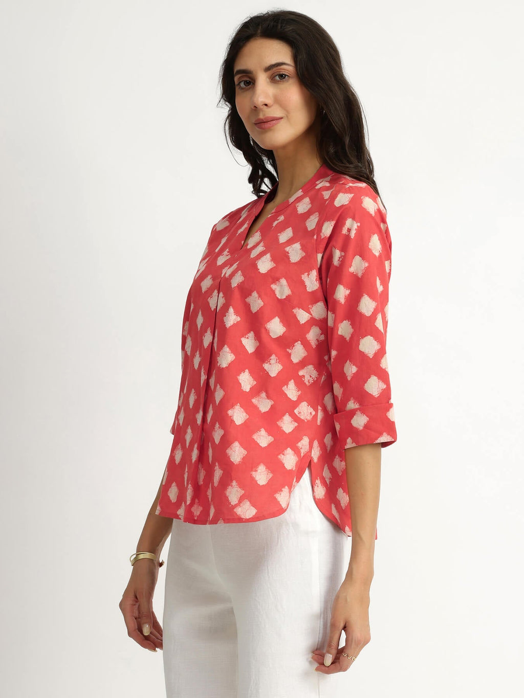 Cotton Dabu Geometric Print Top - Peach
