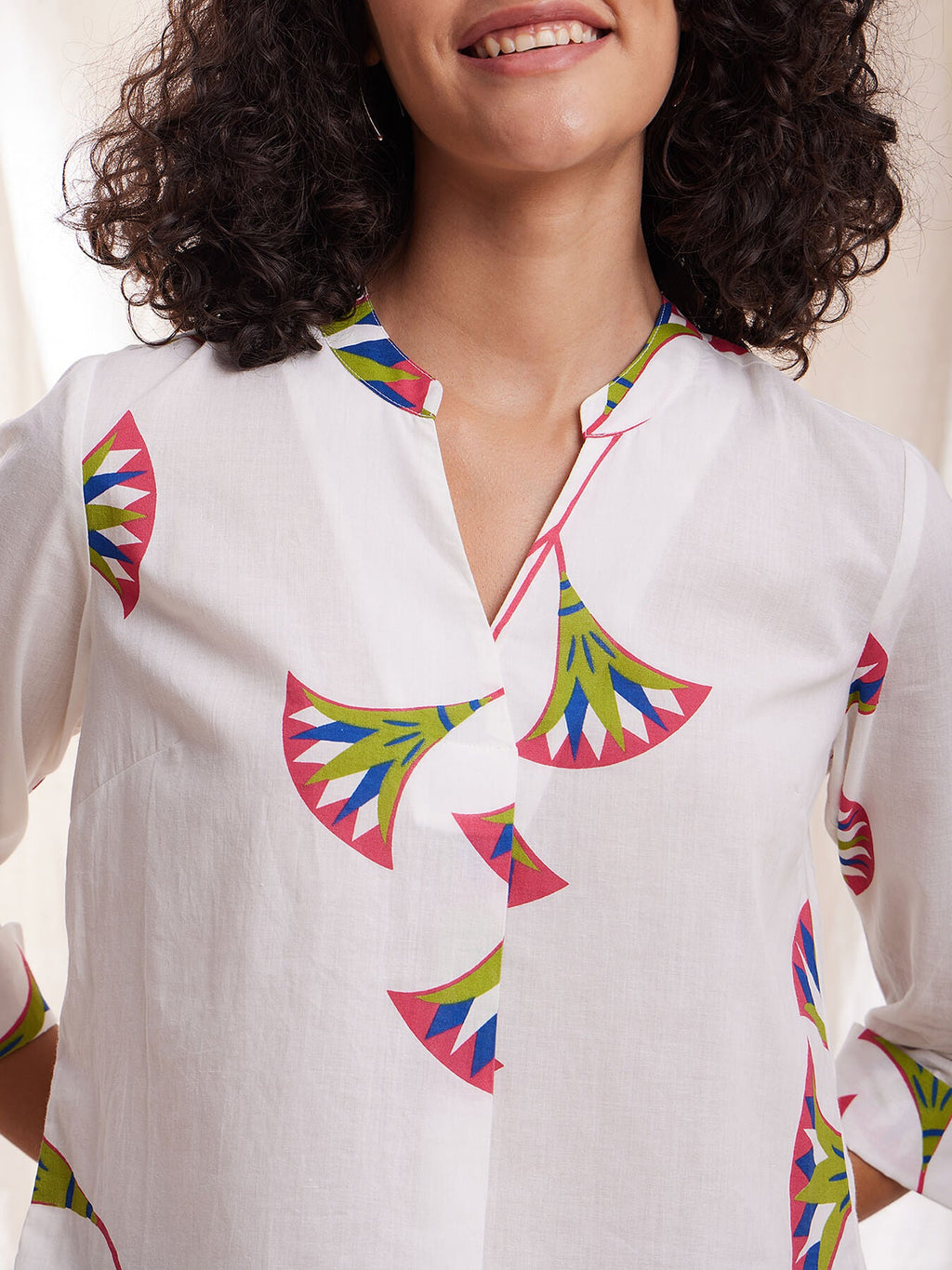 Cotton Floral Shirt Style Top - White