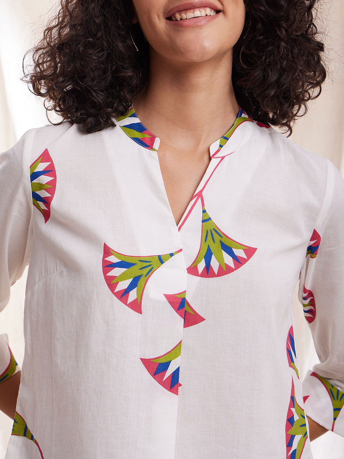 Cotton Floral Shirt Style Top - White