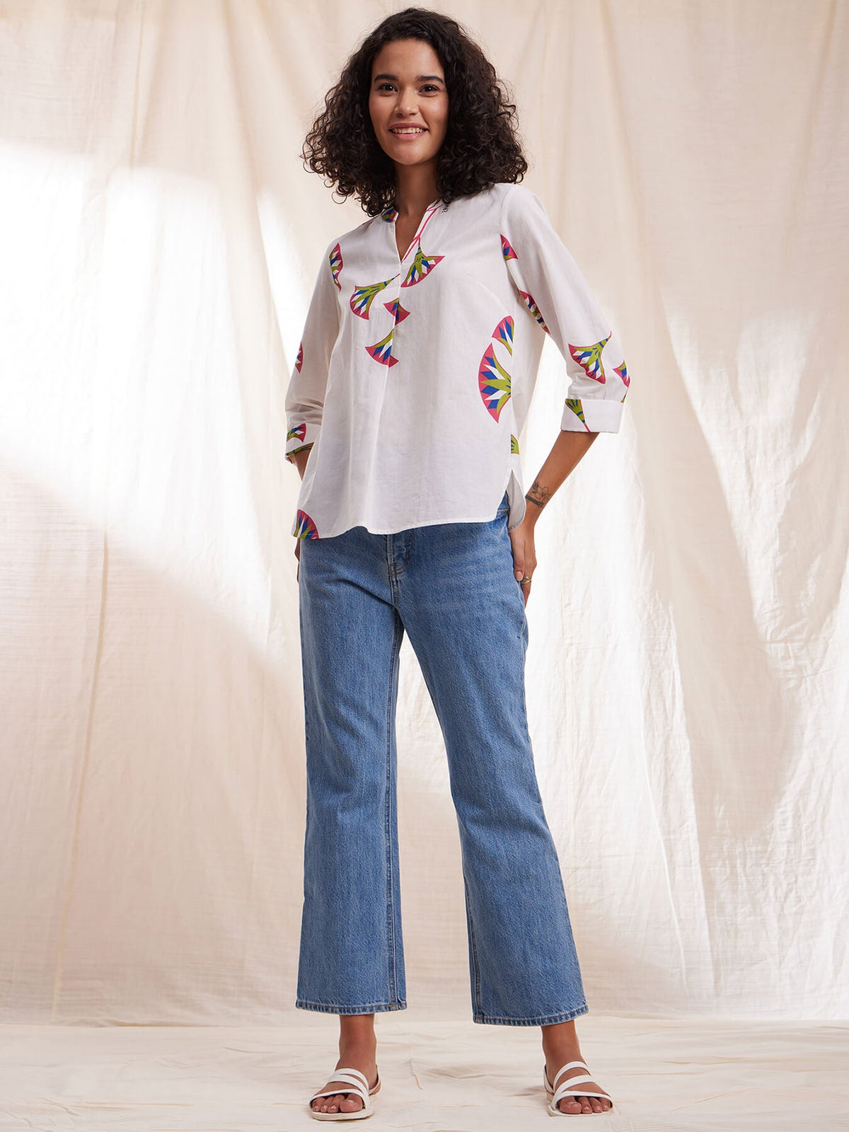 Cotton Floral Shirt Style Top - White