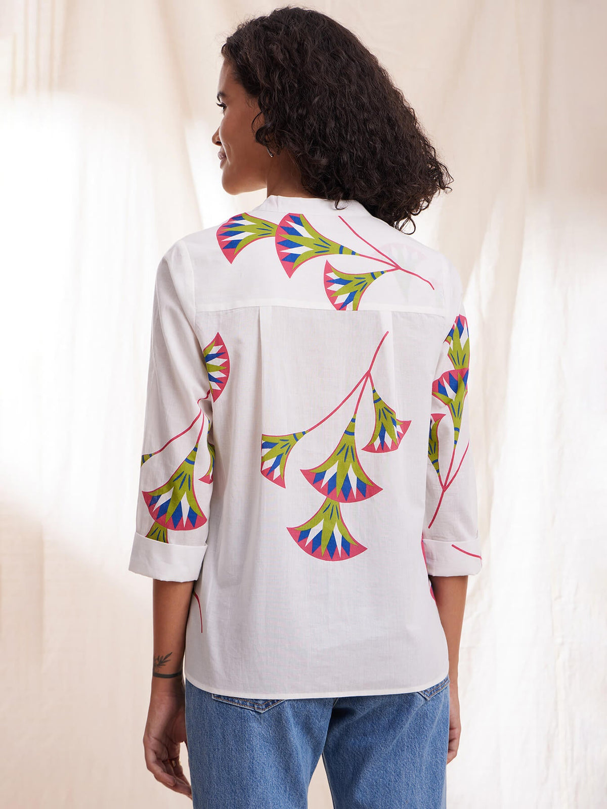 Cotton Floral Shirt Style Top - White