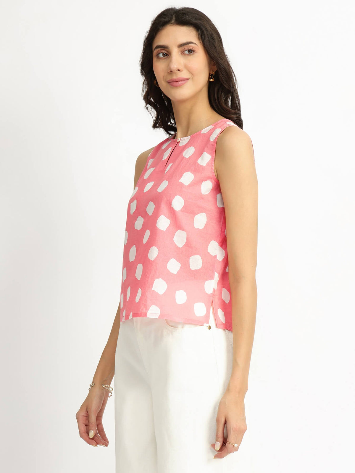 Cotton Polka Sleeveless Top - Peach