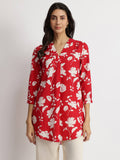 Cotton Floral Pleated V-Neck Tunic - Red & White