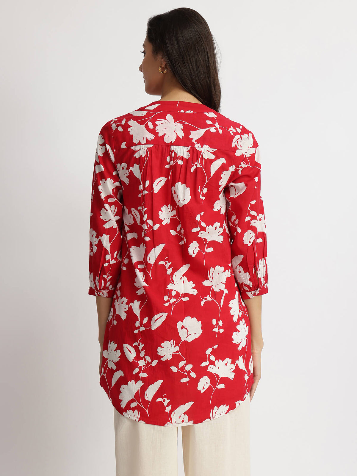 Cotton Floral Pleated V-Neck Tunic - Red & White