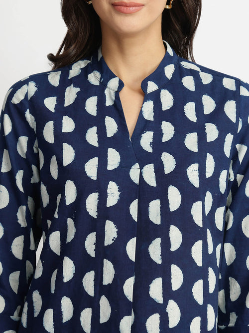 Cotton Dabu Half Polka Print Top - Indigo