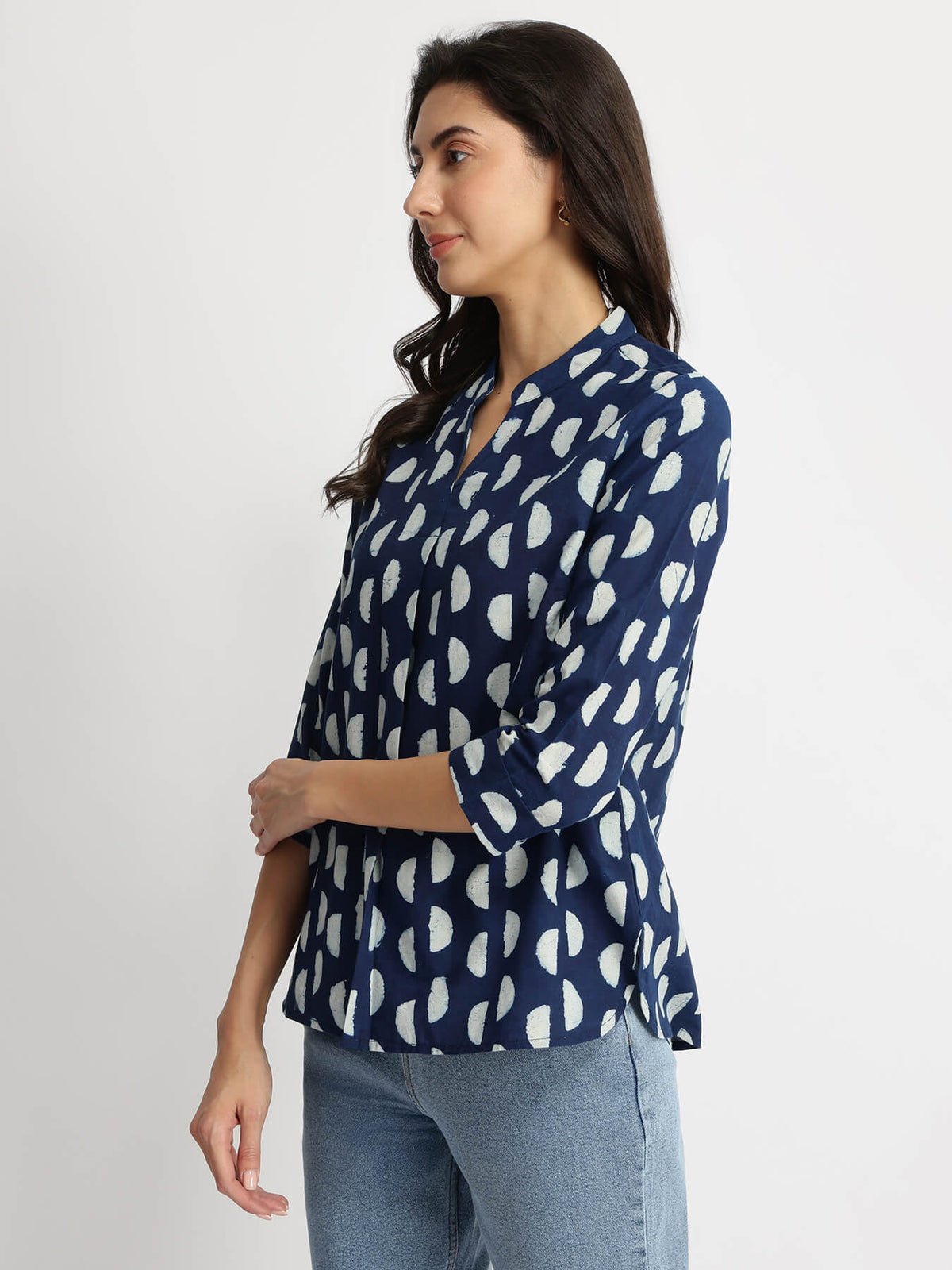 Cotton Dabu Half Polka Print Top - Indigo
