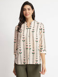 Cotton Floral Motif Top - Off-White & Green