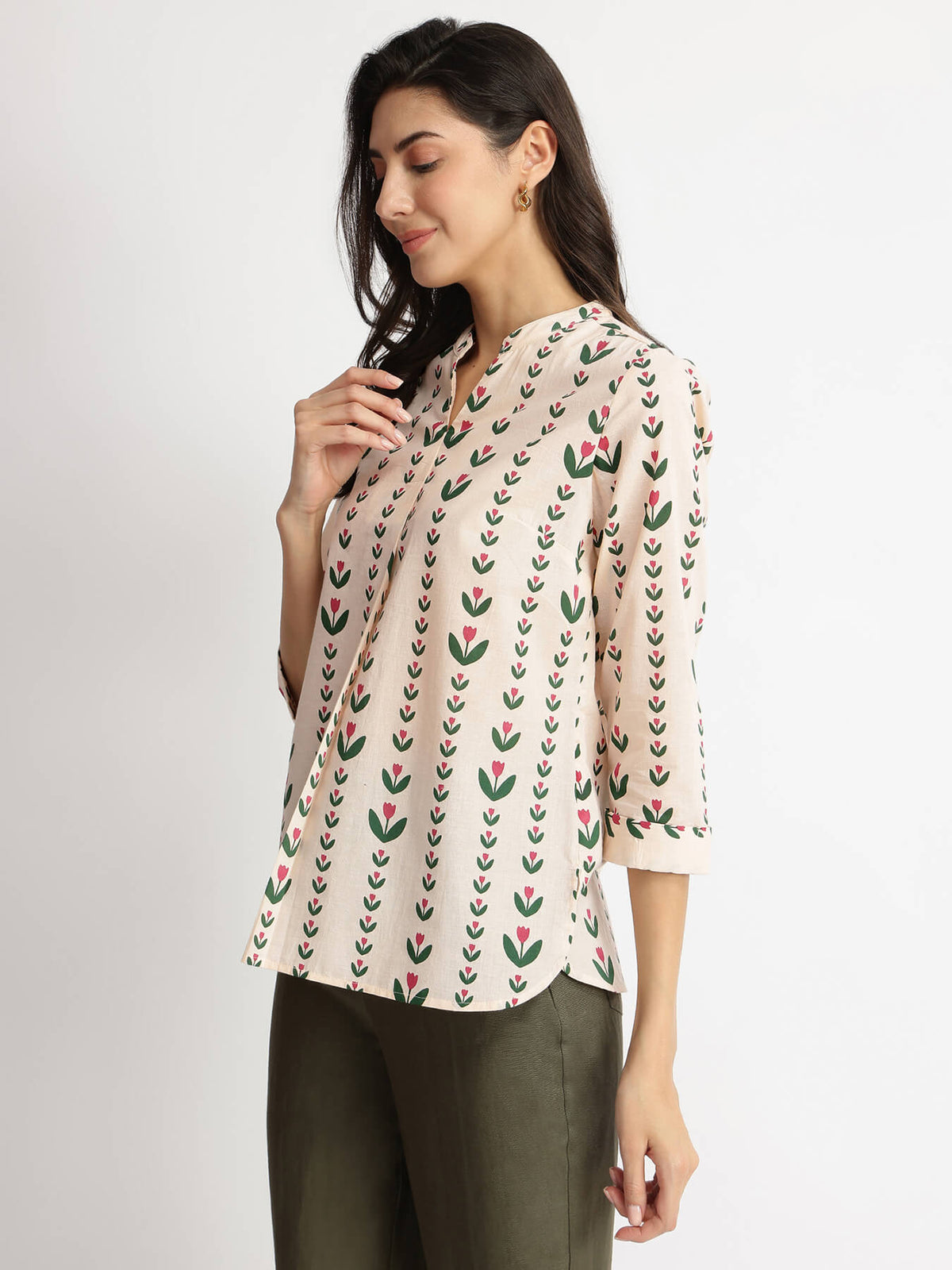 Cotton Floral Motif Top - Off-White & Green