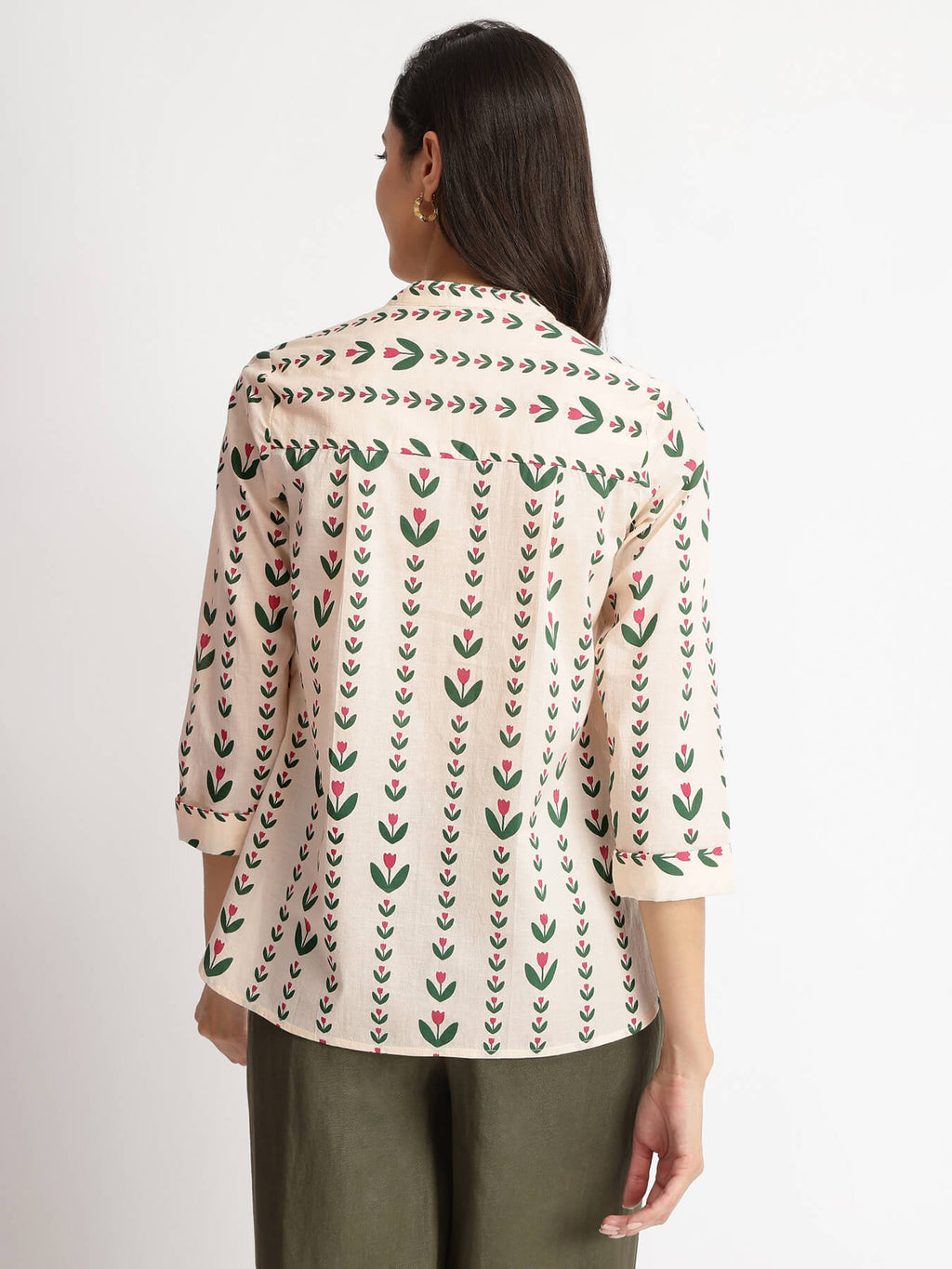 Cotton Floral Motif Top - Off-White & Green