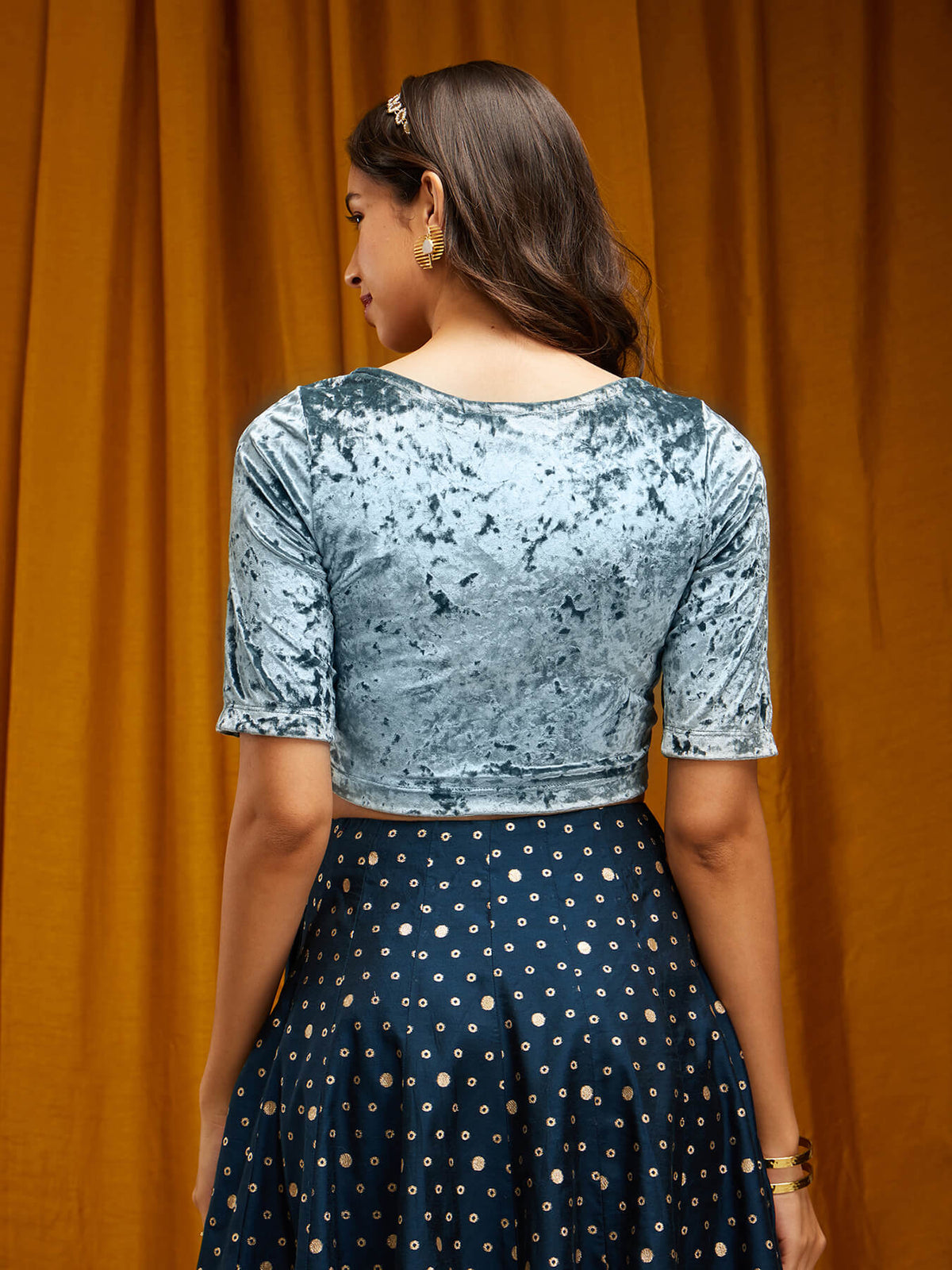 Velvet V-Neck Blouse - Light Blue