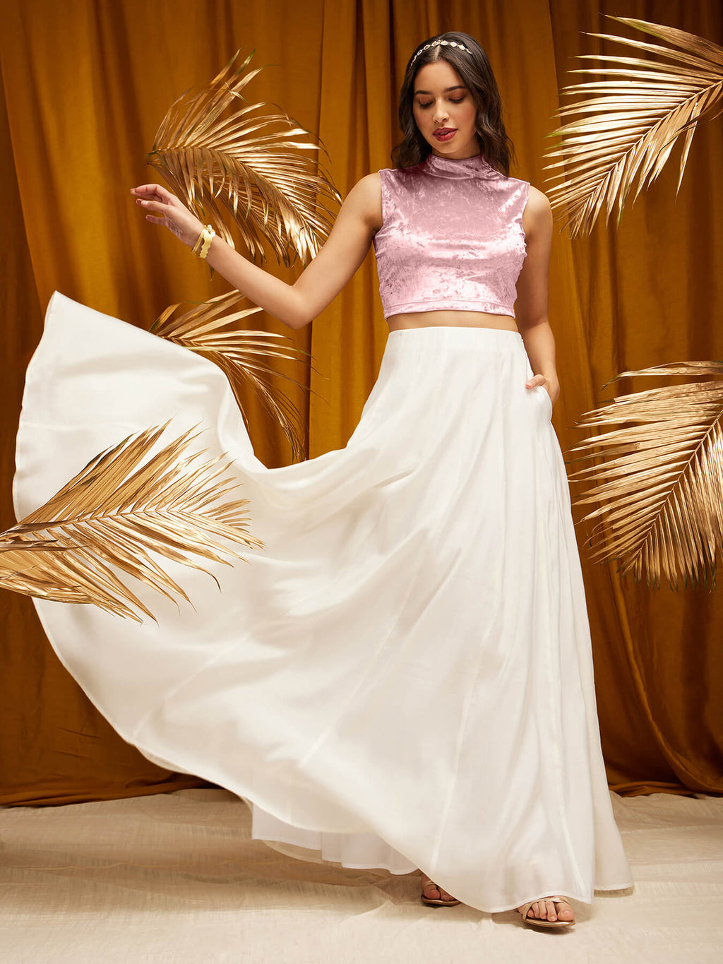 Velvet High Neck Blouse- Pink
