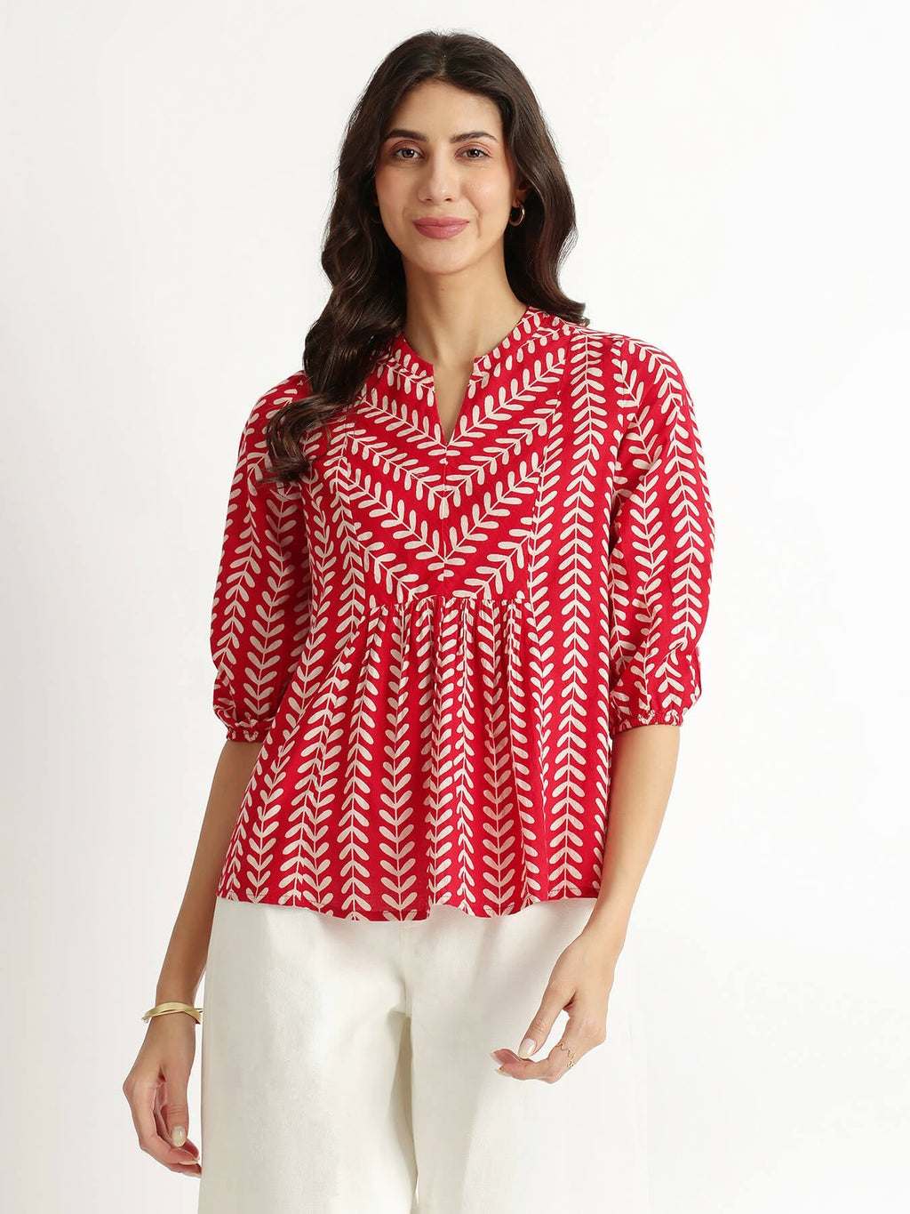 Cotton Striped Print Top - Red