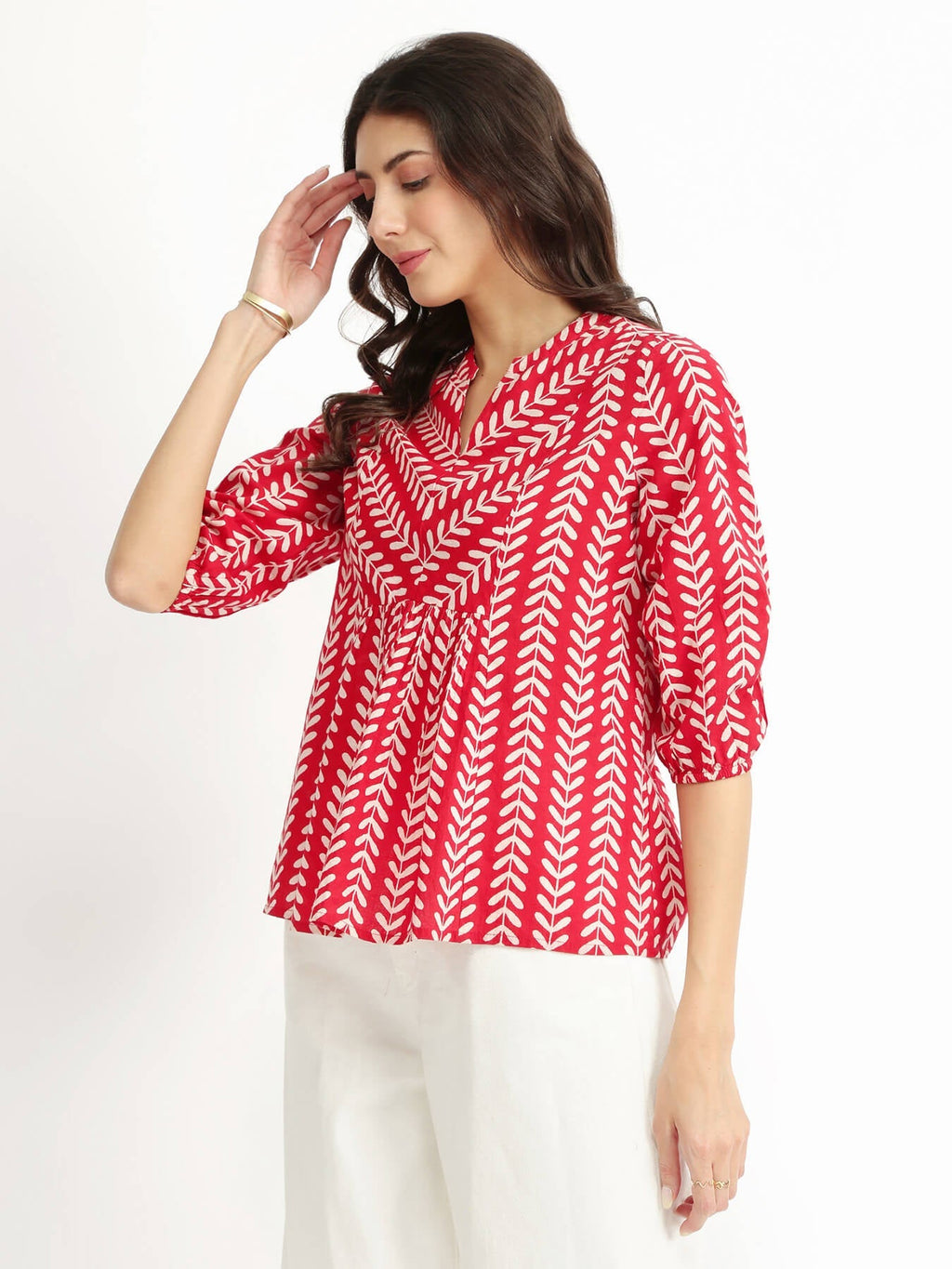 Cotton Striped Print Top - Red