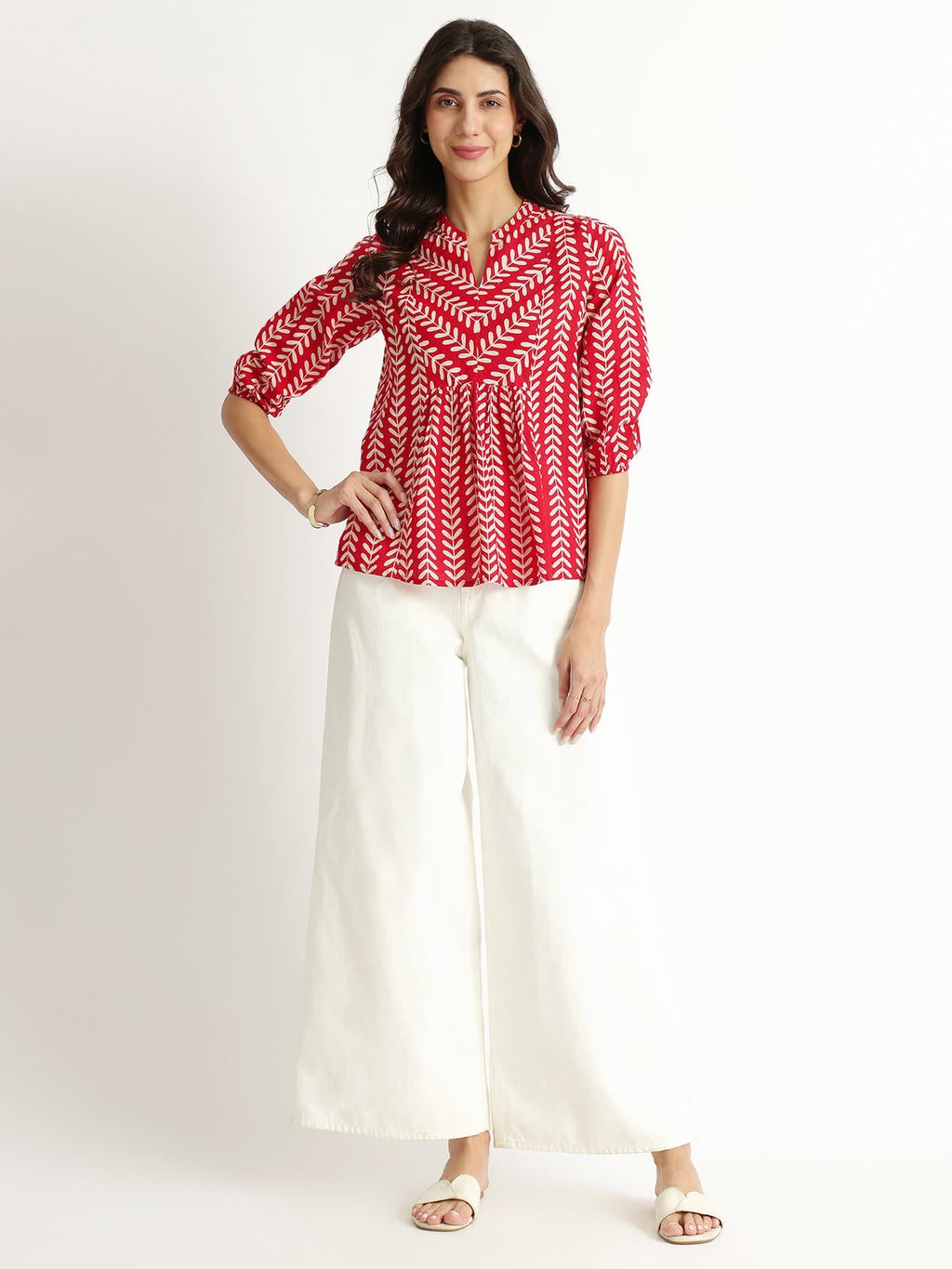 Cotton Striped Print Top - Red