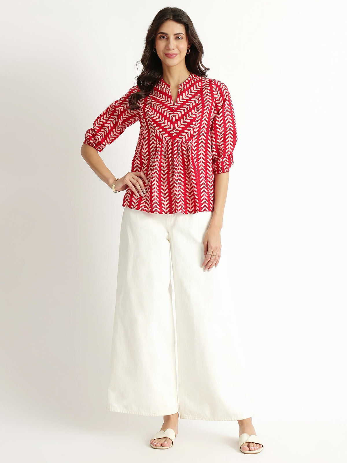 Cotton Striped Print Top - Red