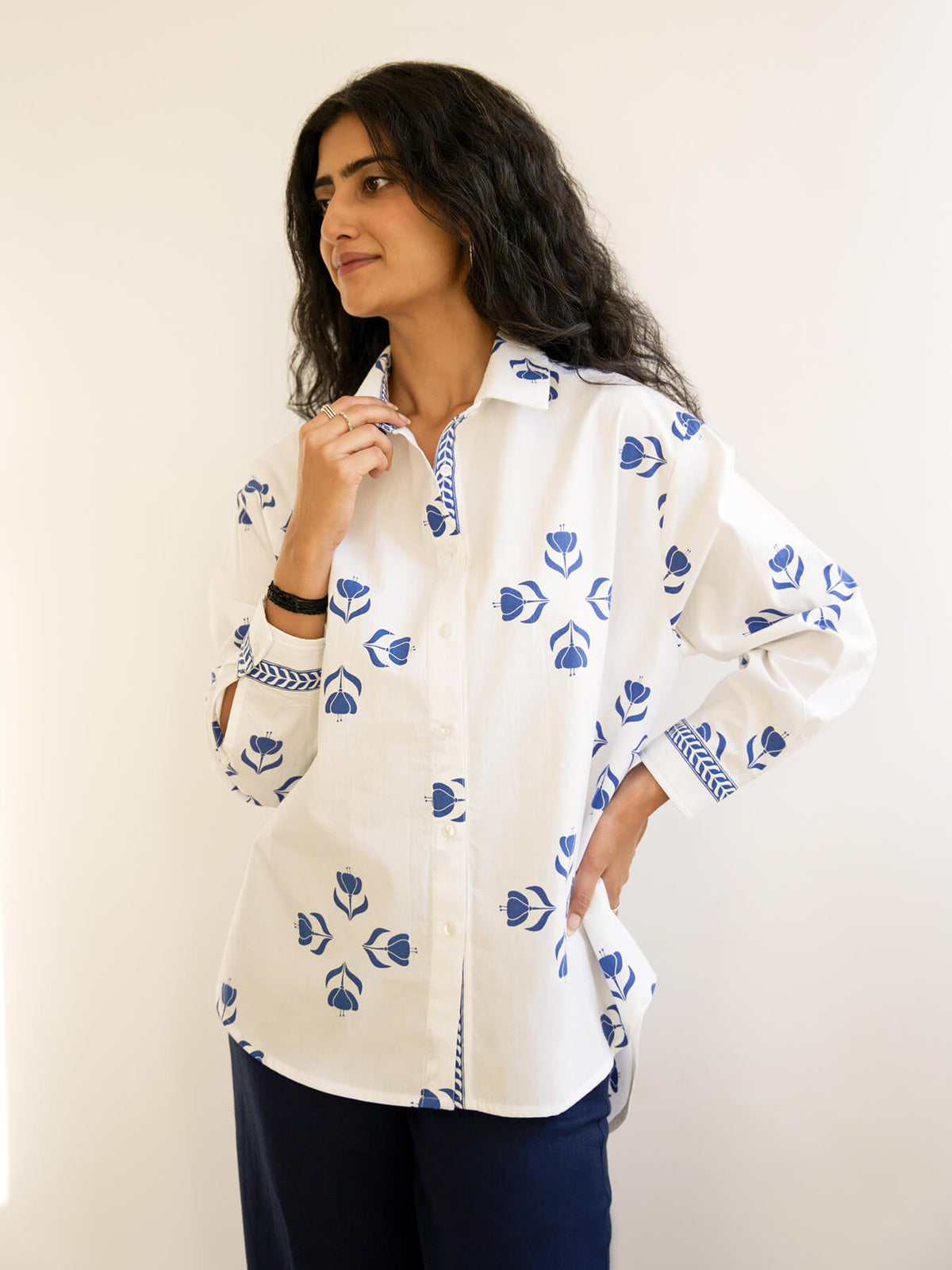 Cotton Floral Motif Shirt - Blue & White