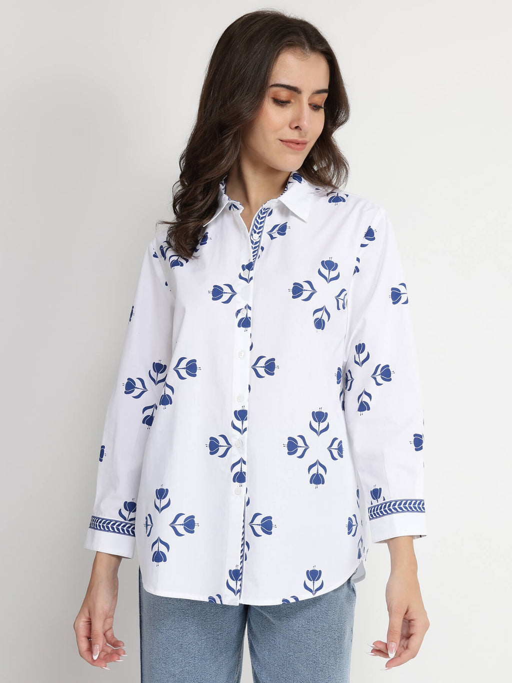 Cotton Floral Motif Shirt - Blue & White