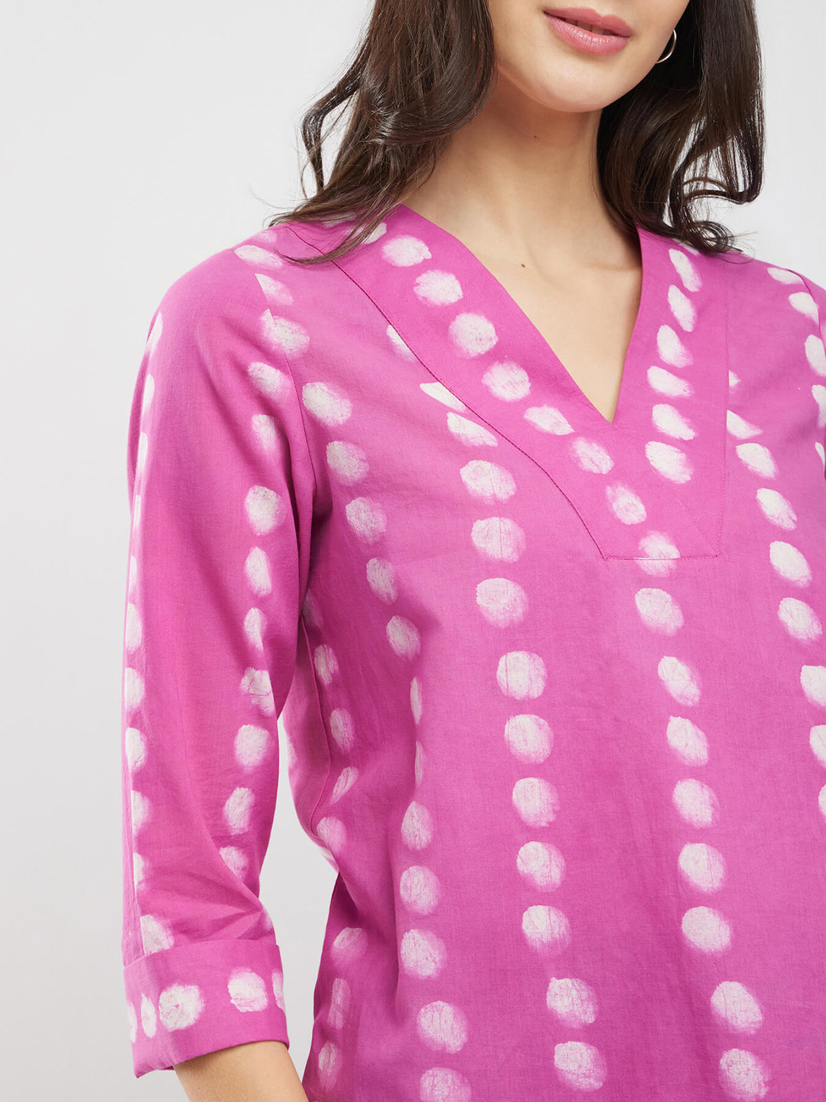 Cotton Polka Dabu Print Top - Pink