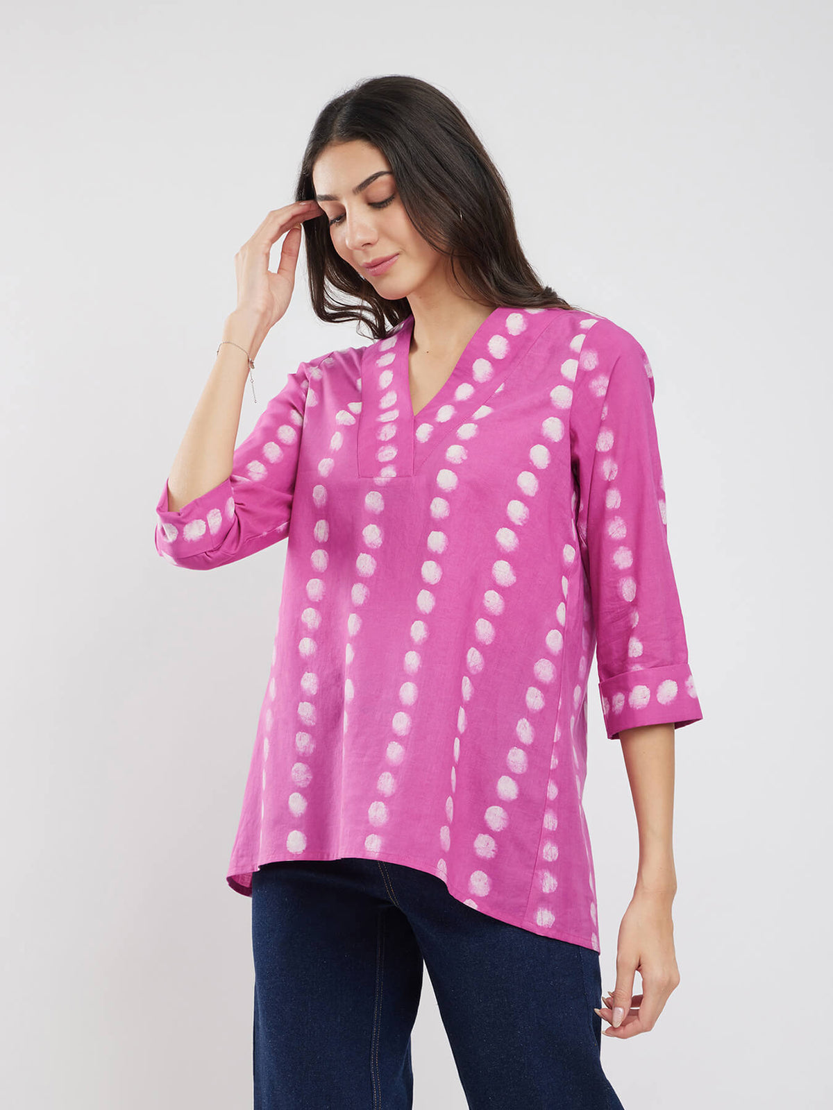 Cotton Polka Dabu Print Top - Pink
