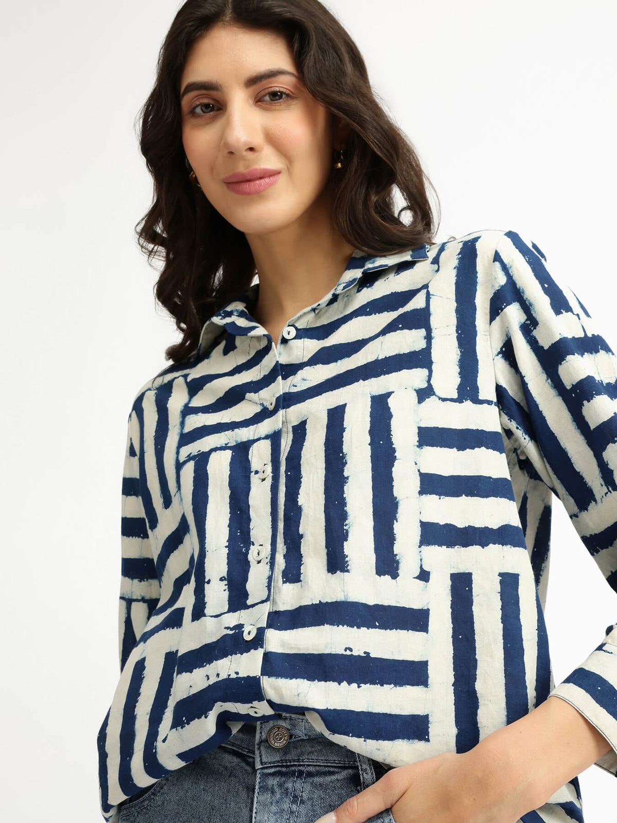 Cotton Geometric Dabu Print Shirt - Indigo