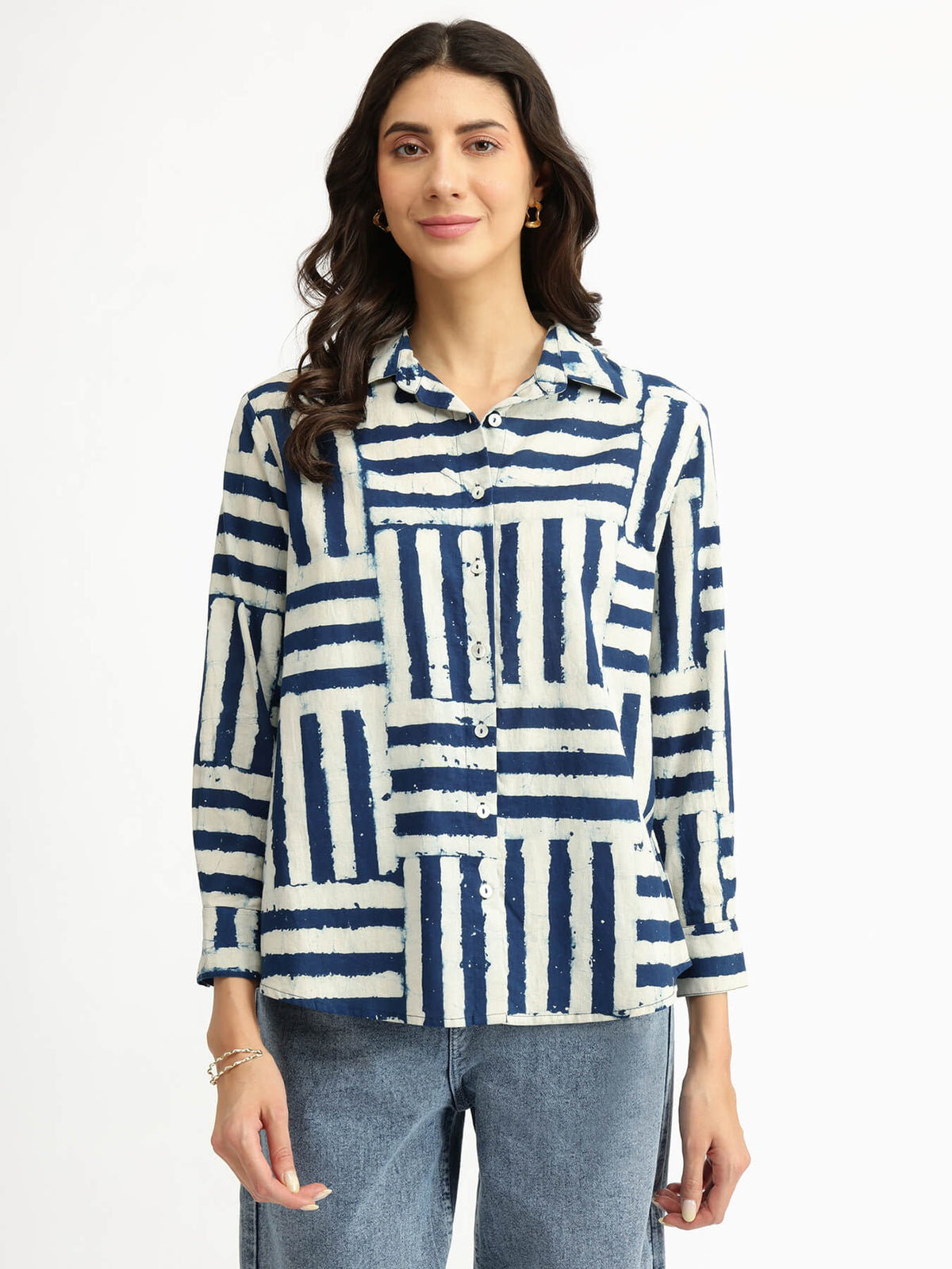 Cotton Geometric Dabu Print Shirt - Indigo