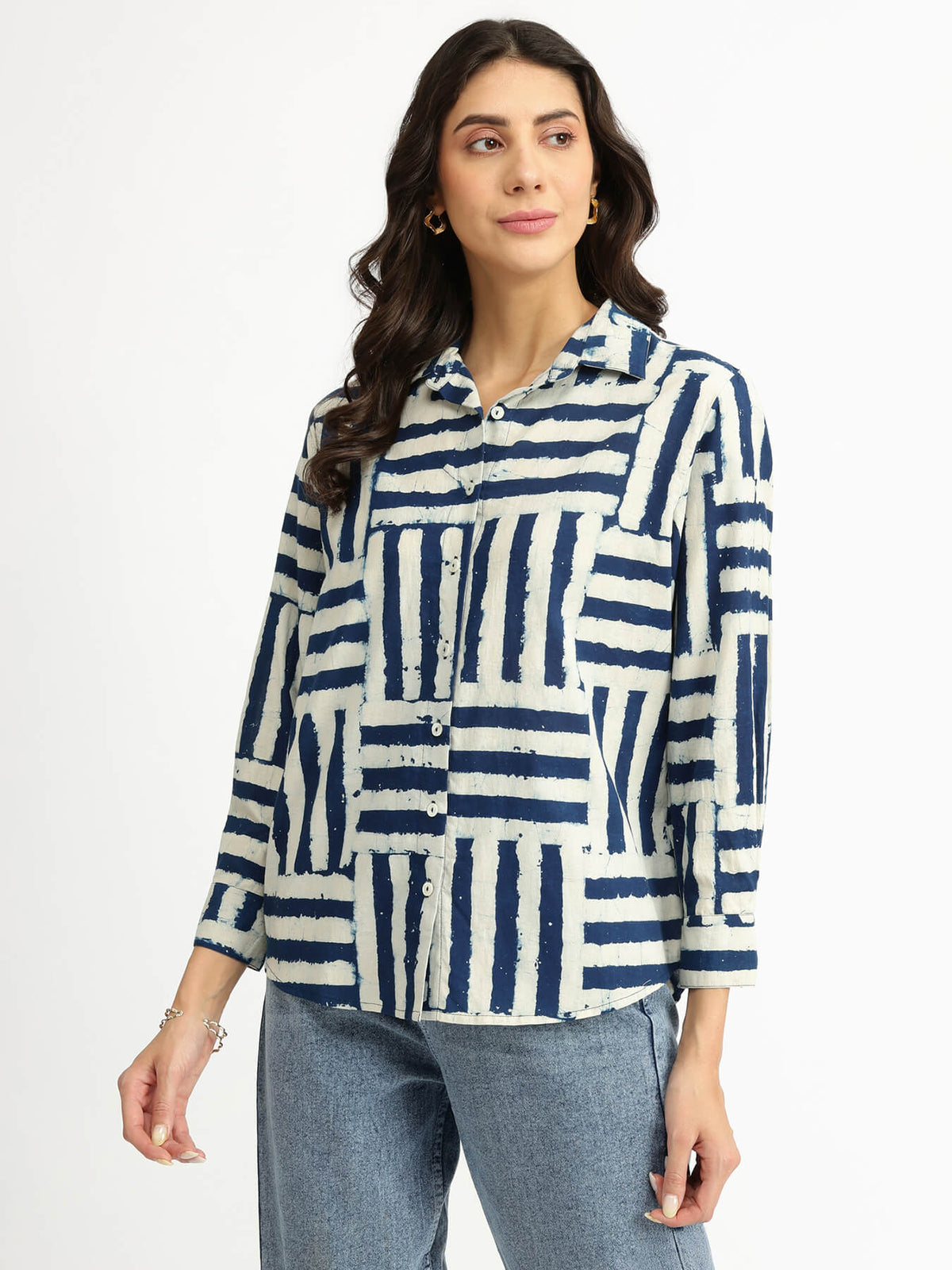 Cotton Geometric Dabu Print Shirt - Indigo