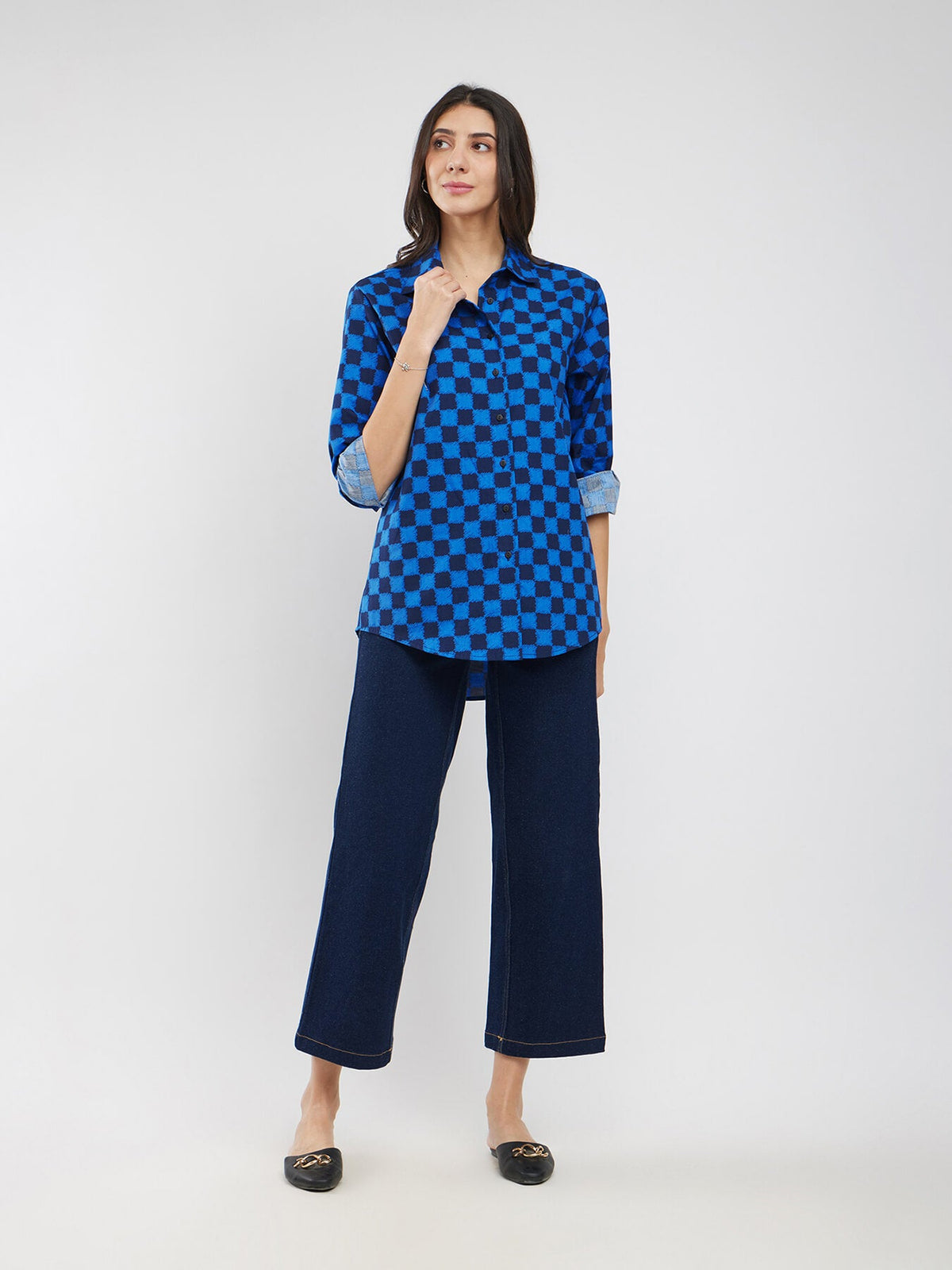Cotton Checked Boxy Shirt - Blue