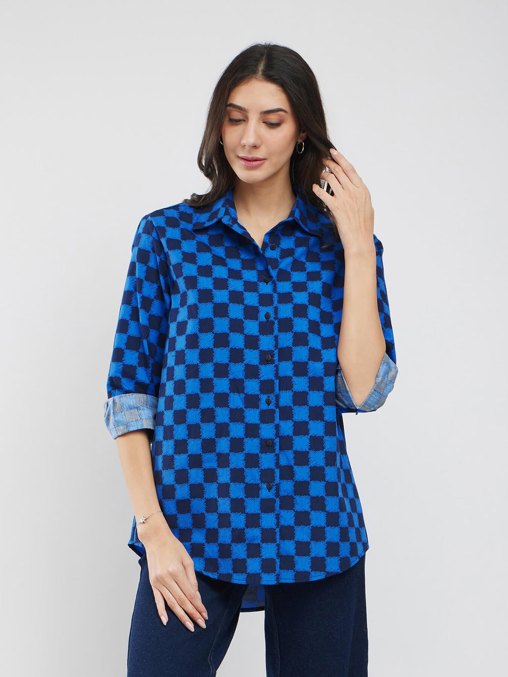 Cotton Checked Boxy Shirt - Blue