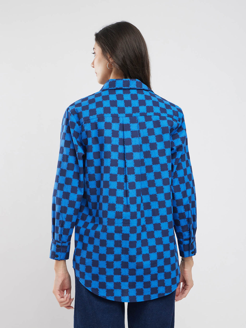 Cotton Checked Boxy Shirt - Blue