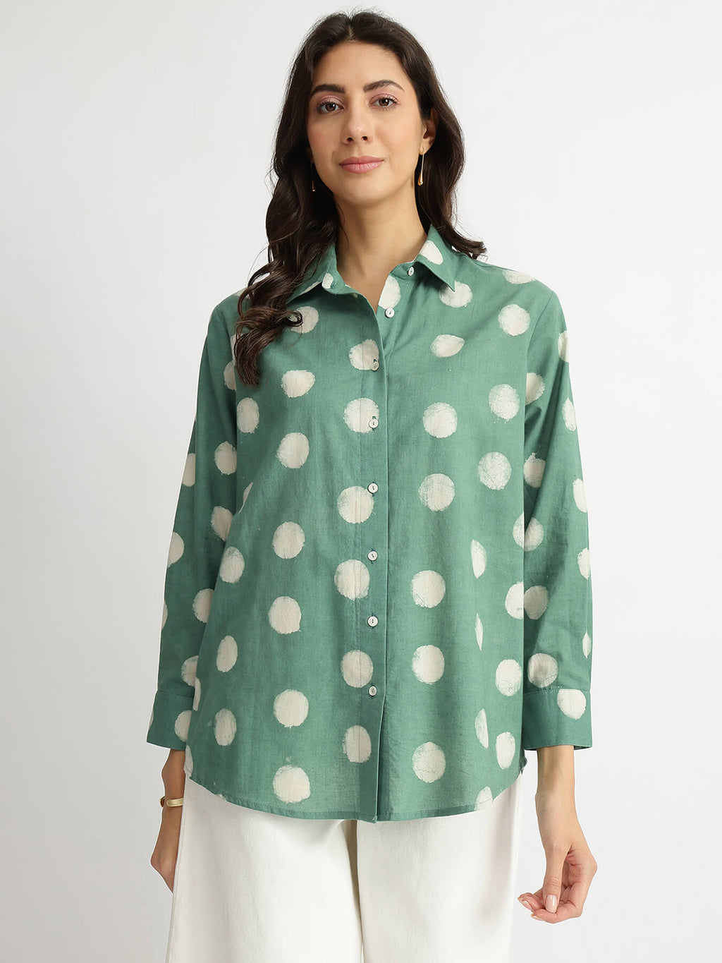Cotton Polka Dabu Print Shirt - Green