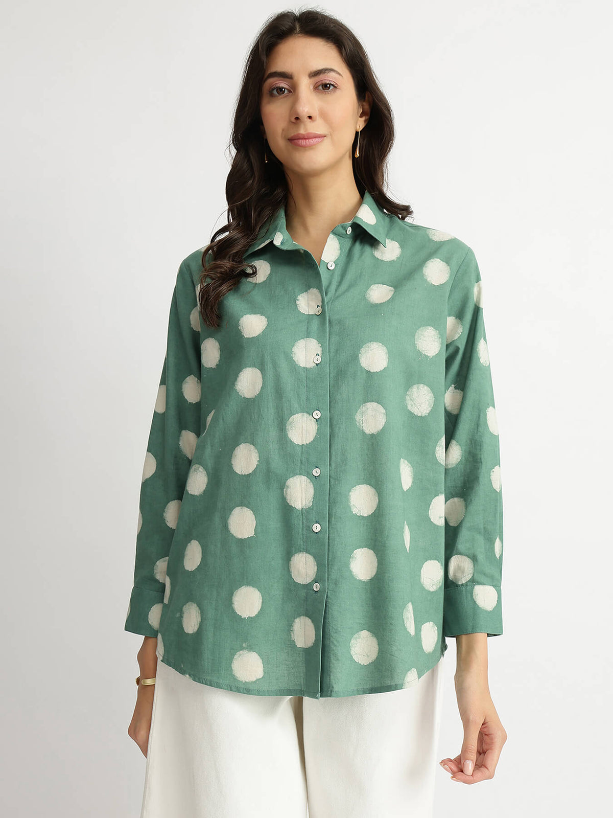 Cotton Polka Dabu Print Shirt - Green