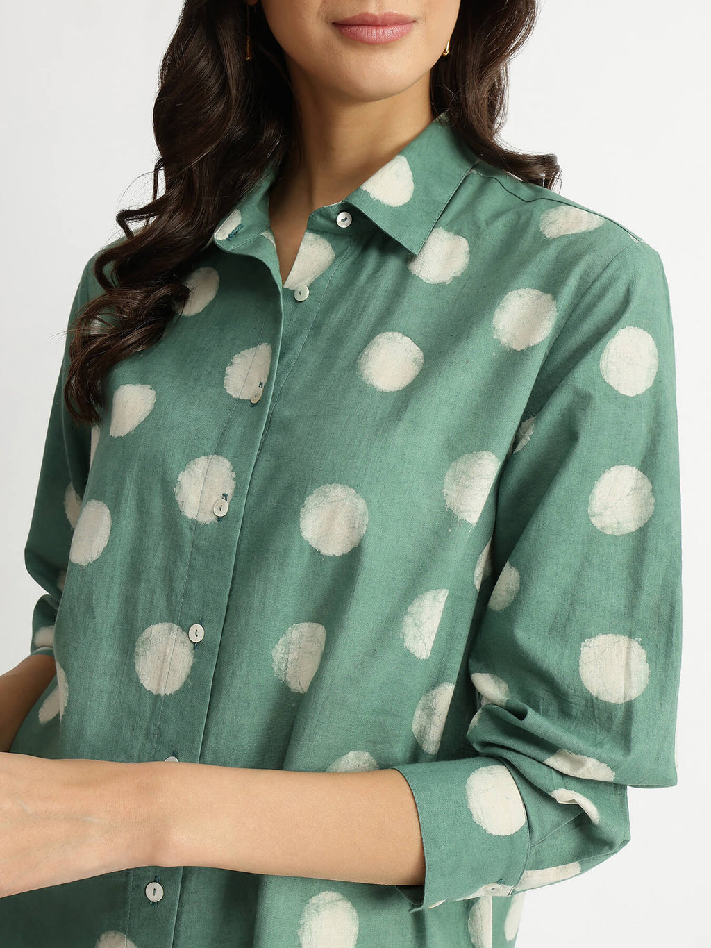 Cotton Polka Dabu Print Shirt - Green
