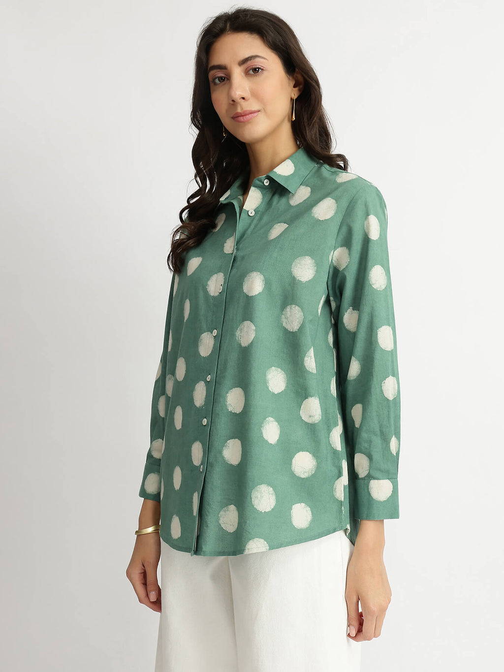 Cotton Polka Dabu Print Shirt - Green