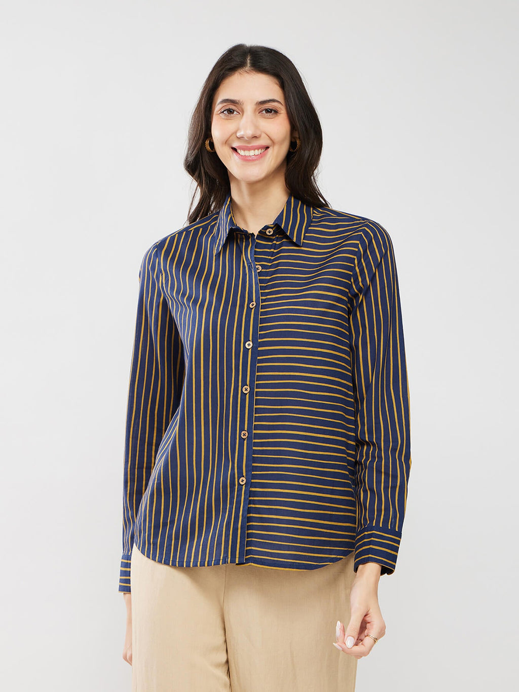 Cotton Striped Relaxed Shirt - Navy Blue