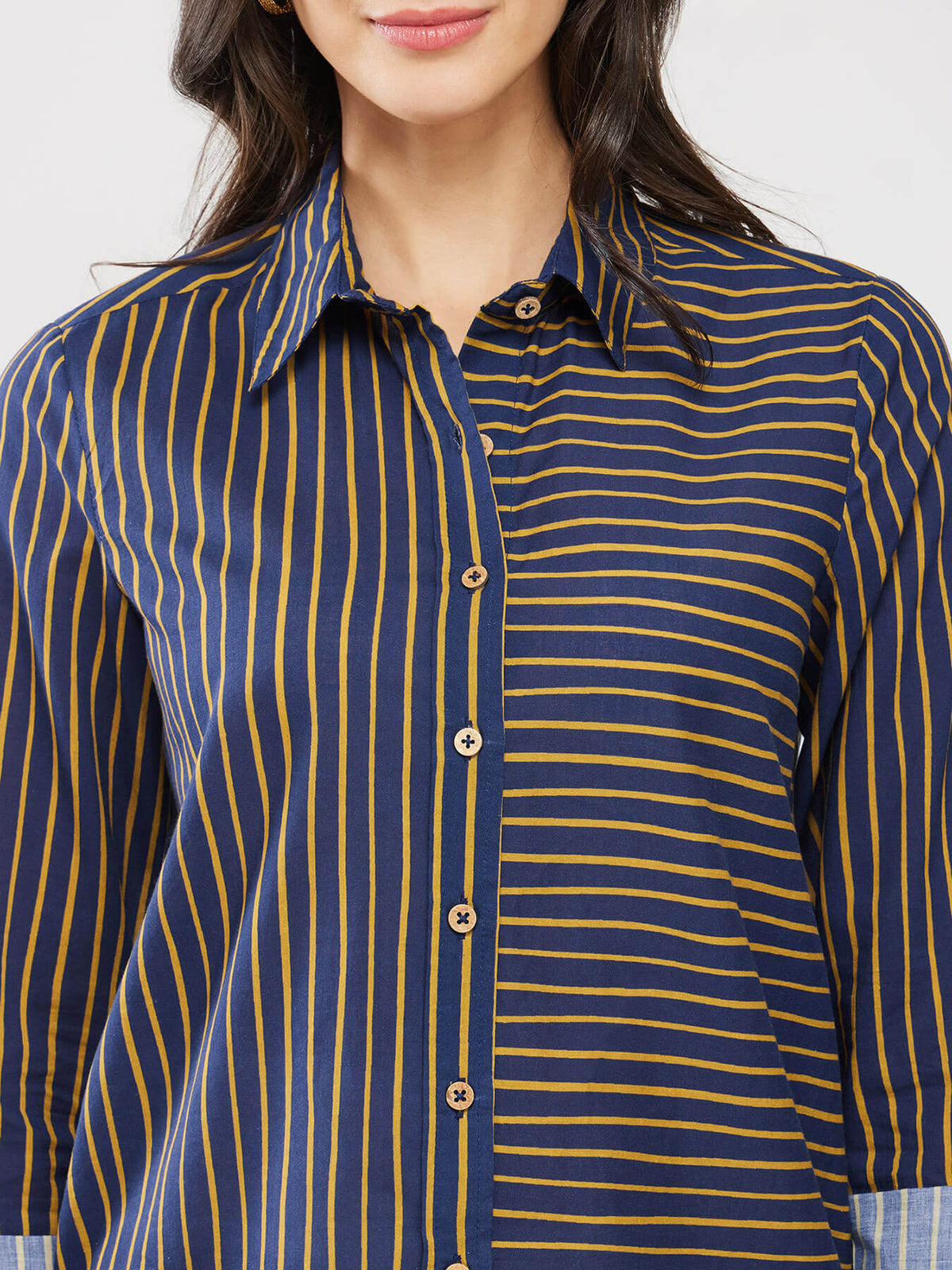 Cotton Striped Relaxed Shirt - Navy Blue