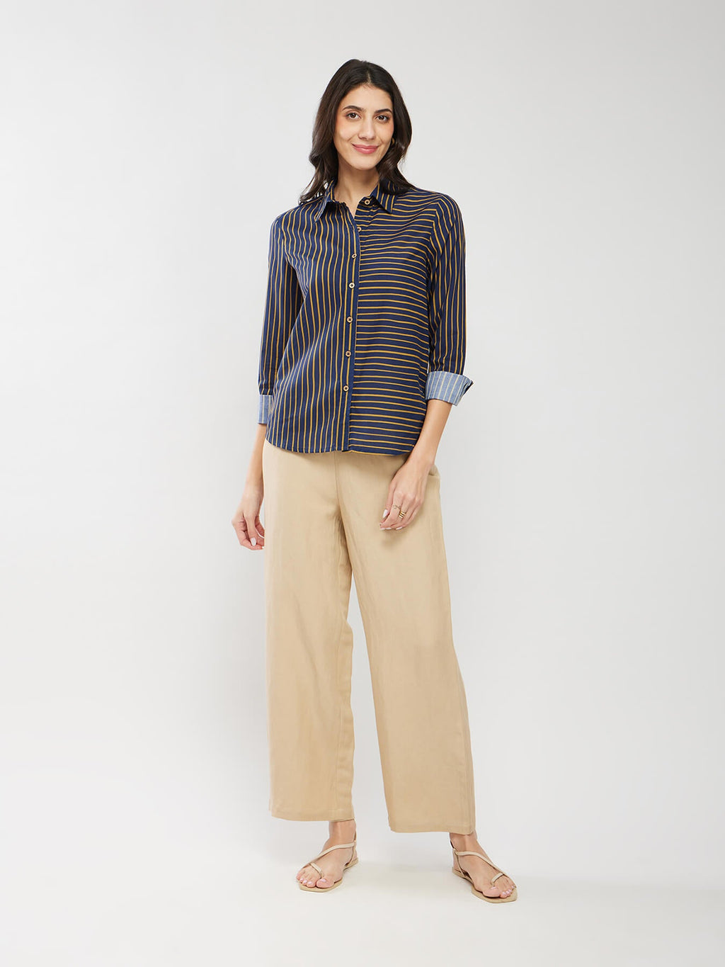 Cotton Striped Relaxed Shirt - Navy Blue