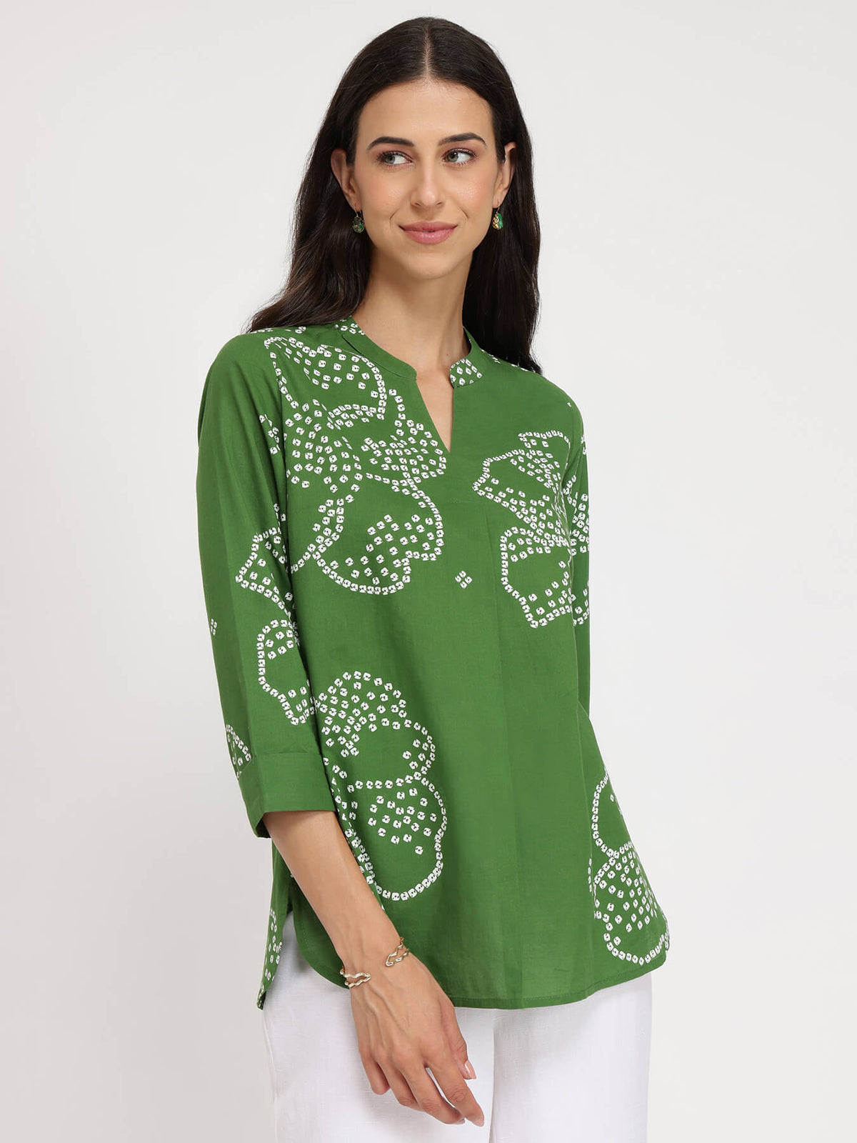 Cotton Bandhani Floral Pleated Top - Green
