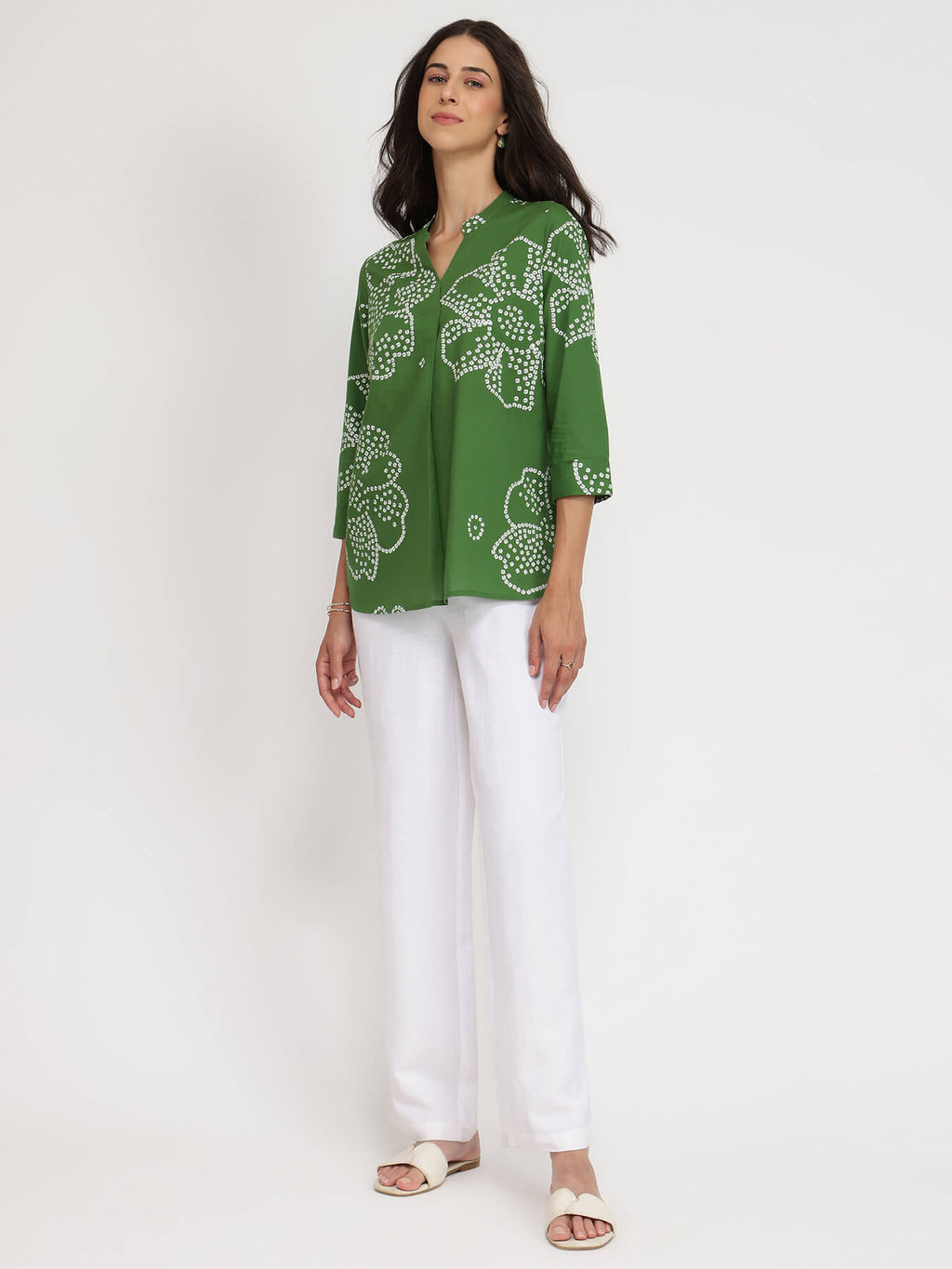 Cotton Bandhani Floral Pleated Top - Green