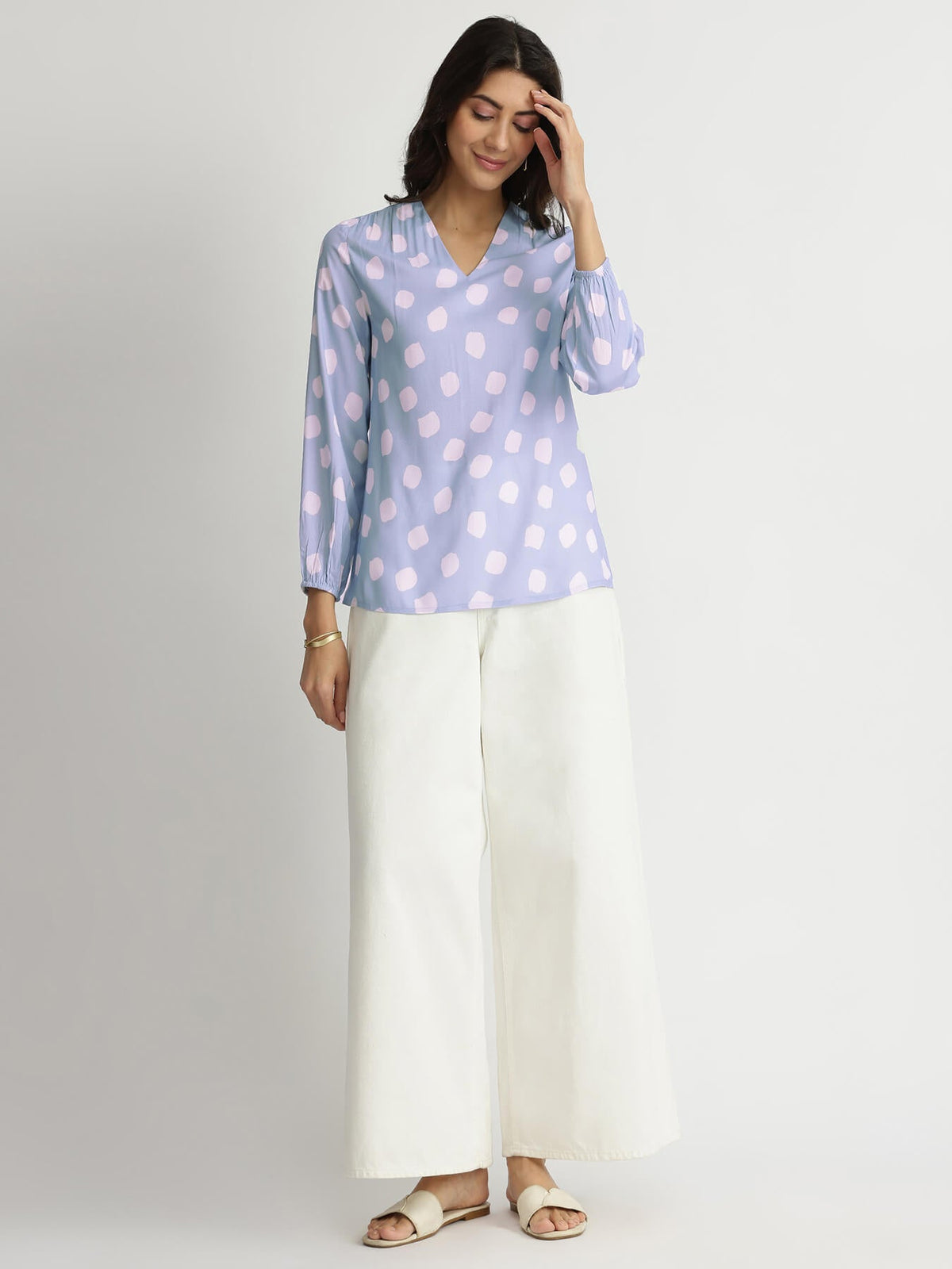 Rayon Polka Relaxed Top - Blue