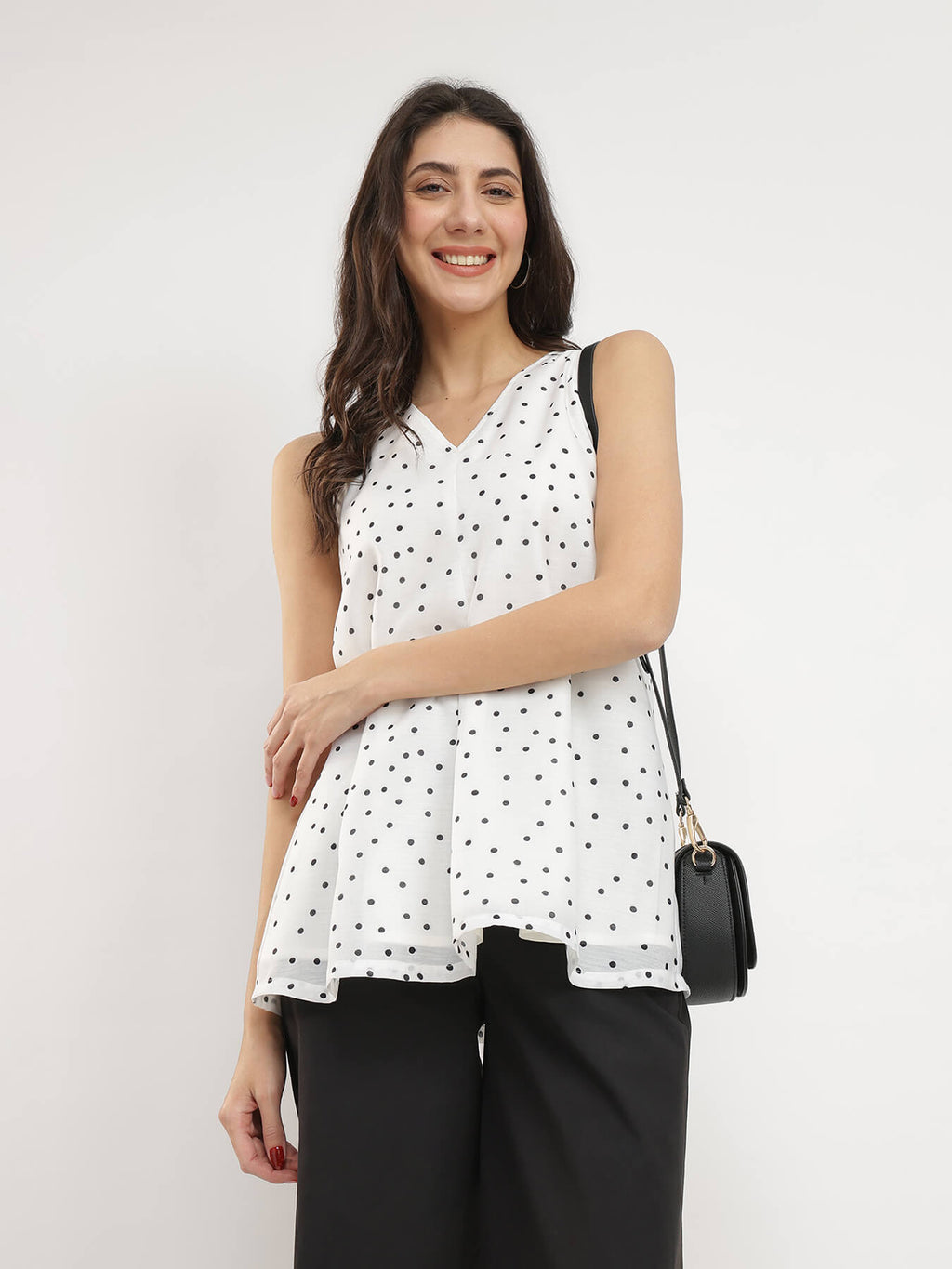 Polka Print V-Neck Top - White & Black