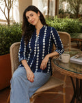 Cotton Polka Dabu Print Top - Indigo