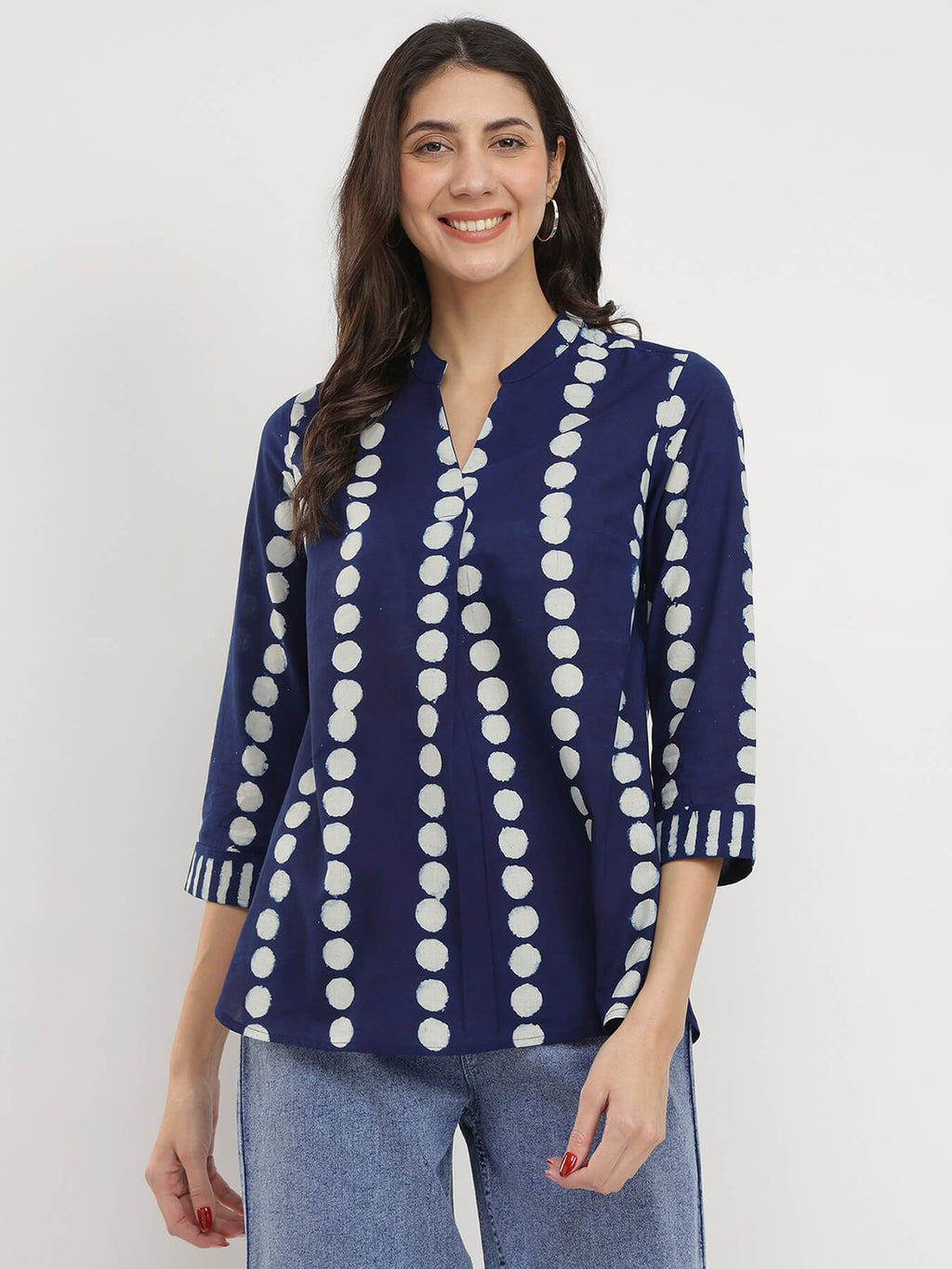 Cotton Polka Dabu Print Top - Indigo