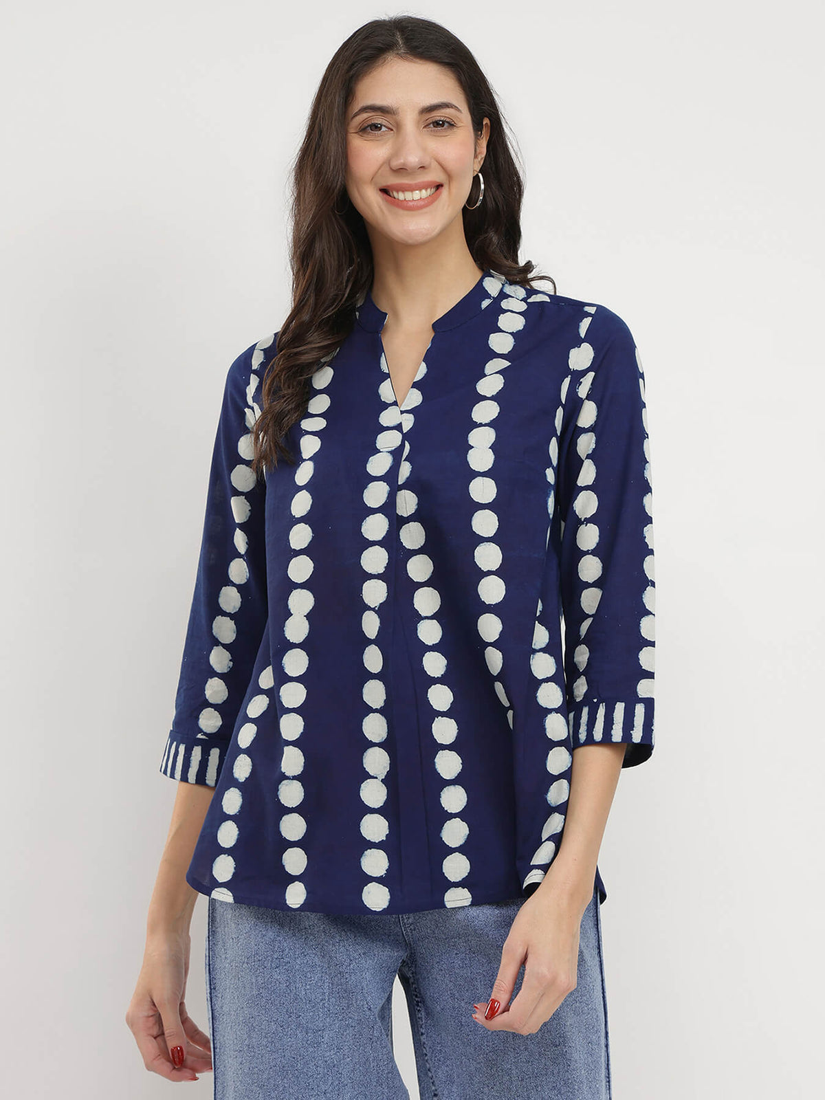 Cotton Polka Dabu Print Top - Indigo