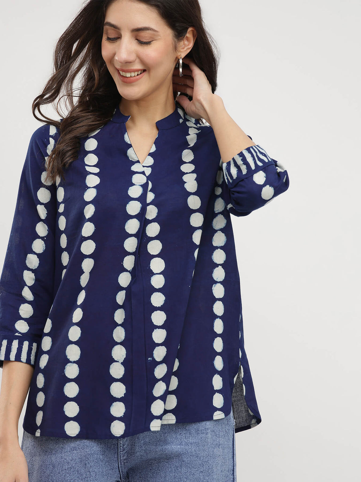 Cotton Polka Dabu Print Top - Indigo