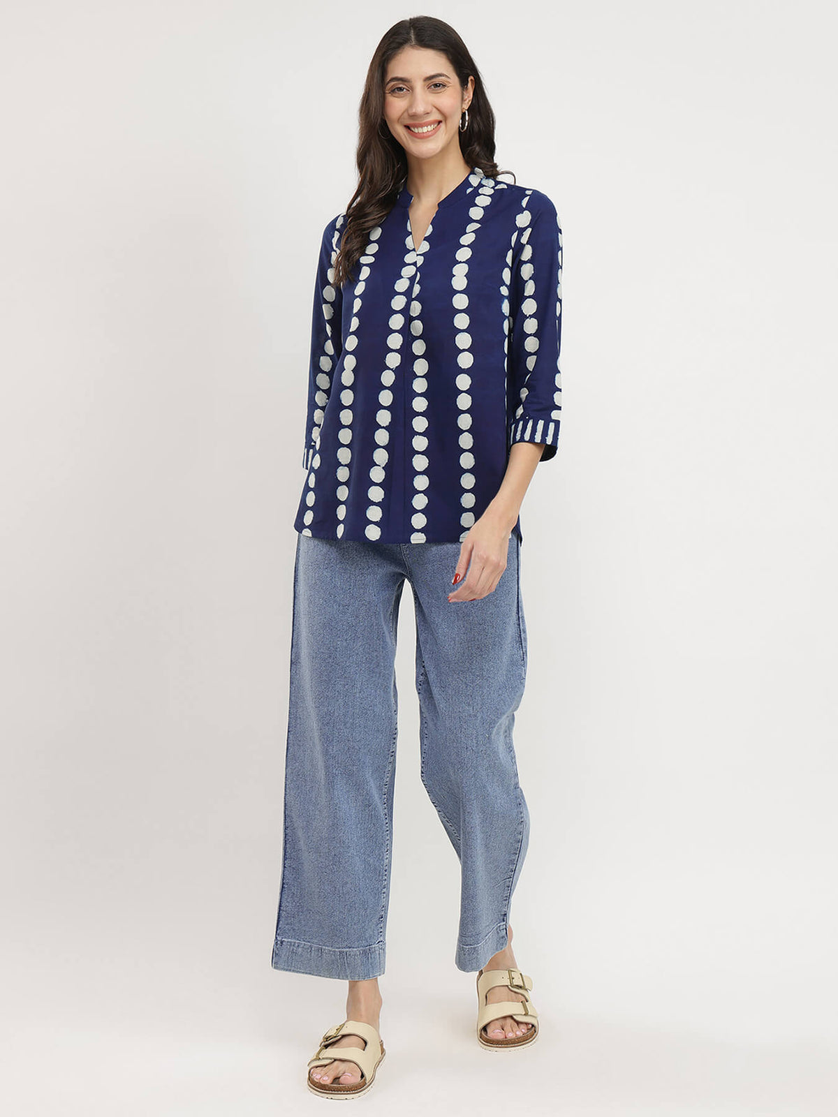 Cotton Polka Dabu Print Top - Indigo